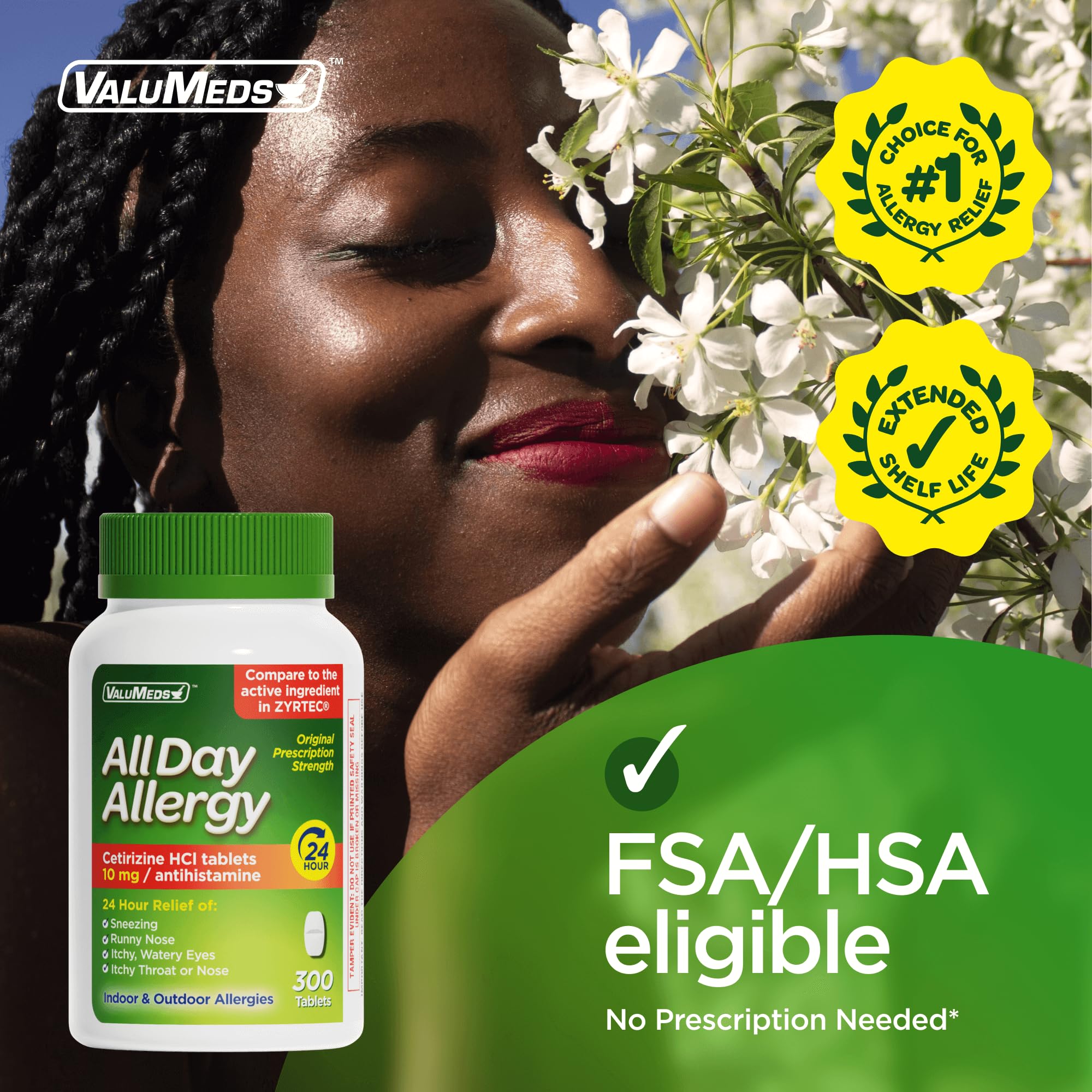 ValuMeds 24-Hour Allergy Medicine Antihistamine for Pollen, Hay Fever, Dry, Itchy Eyes, Allergies | Cetirizine HCl 10mg Caplets, Compare to Leading Brand (300 Count) - Maple Wellness Supplements