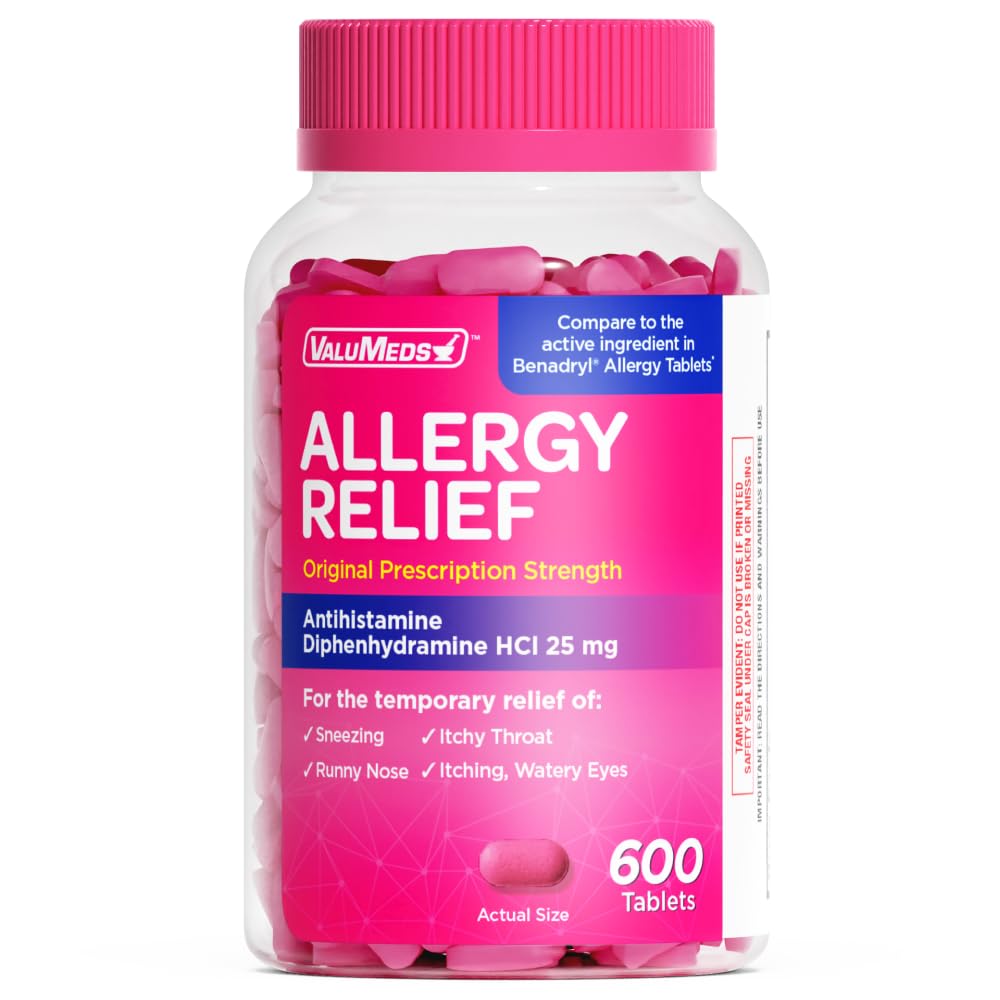 ValuMeds Allergy Medicine Antihistamine, Diphenhydramine HCl 25 mg | Children and Adults | Relieve Itchy Eyes, Runny Nose, Sneezing (25 mg, 600 Count) - Maple Wellness Supplements