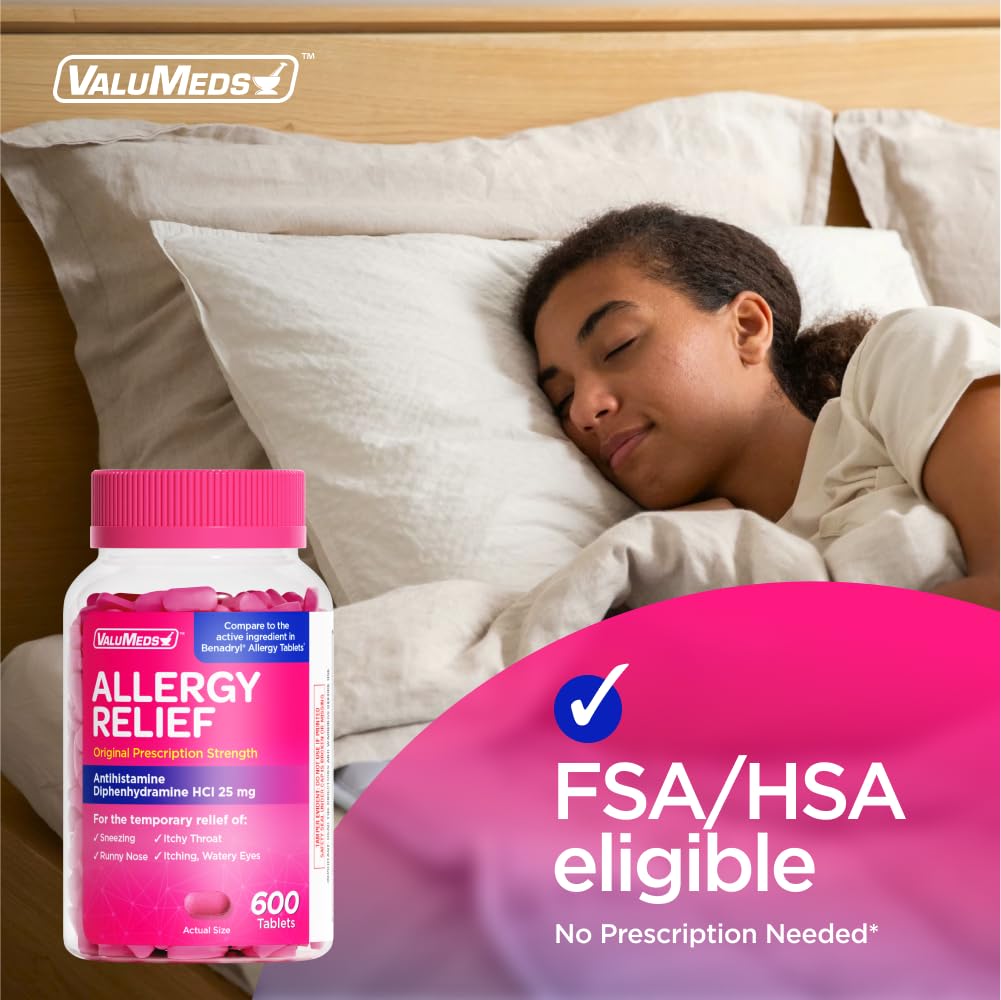 ValuMeds Allergy Medicine Antihistamine, Diphenhydramine HCl 25 mg | Children and Adults | Relieve Itchy Eyes, Runny Nose, Sneezing (25 mg, 600 Count) - Maple Wellness Supplements