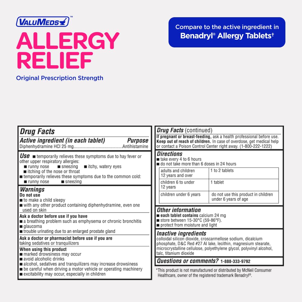 ValuMeds Allergy Medicine Antihistamine, Diphenhydramine HCl 25 mg | Children and Adults | Relieve Itchy Eyes, Runny Nose, Sneezing (25 mg, 600 Count) - Maple Wellness Supplements