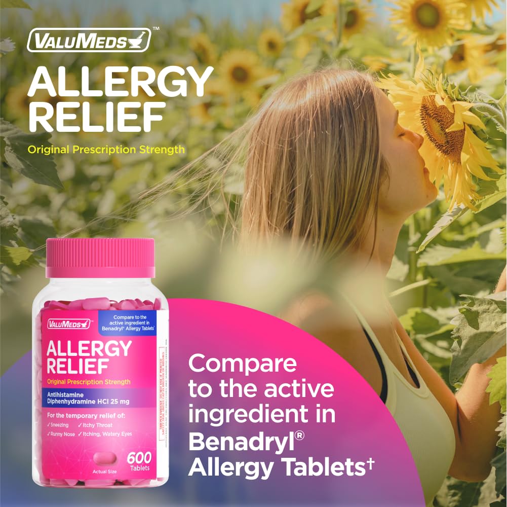 ValuMeds Allergy Medicine Antihistamine, Diphenhydramine HCl 25 mg | Children and Adults | Relieve Itchy Eyes, Runny Nose, Sneezing (25 mg, 600 Count) - Maple Wellness Supplements