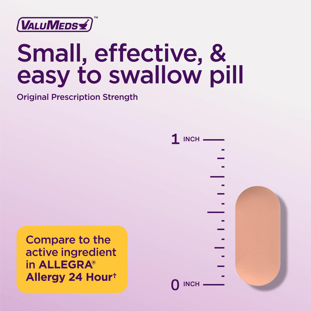 ValuMeds | Compare to Allegra | Fexofenadine HCl 180mg | 24-Hour Allergy Relief, Non-Drowsy Antihistamine Generic Medicine for Allergies, Hay Fever, Itchy Eyes | for Kids & Adults (100 Count) - Maple Wellness Supplements