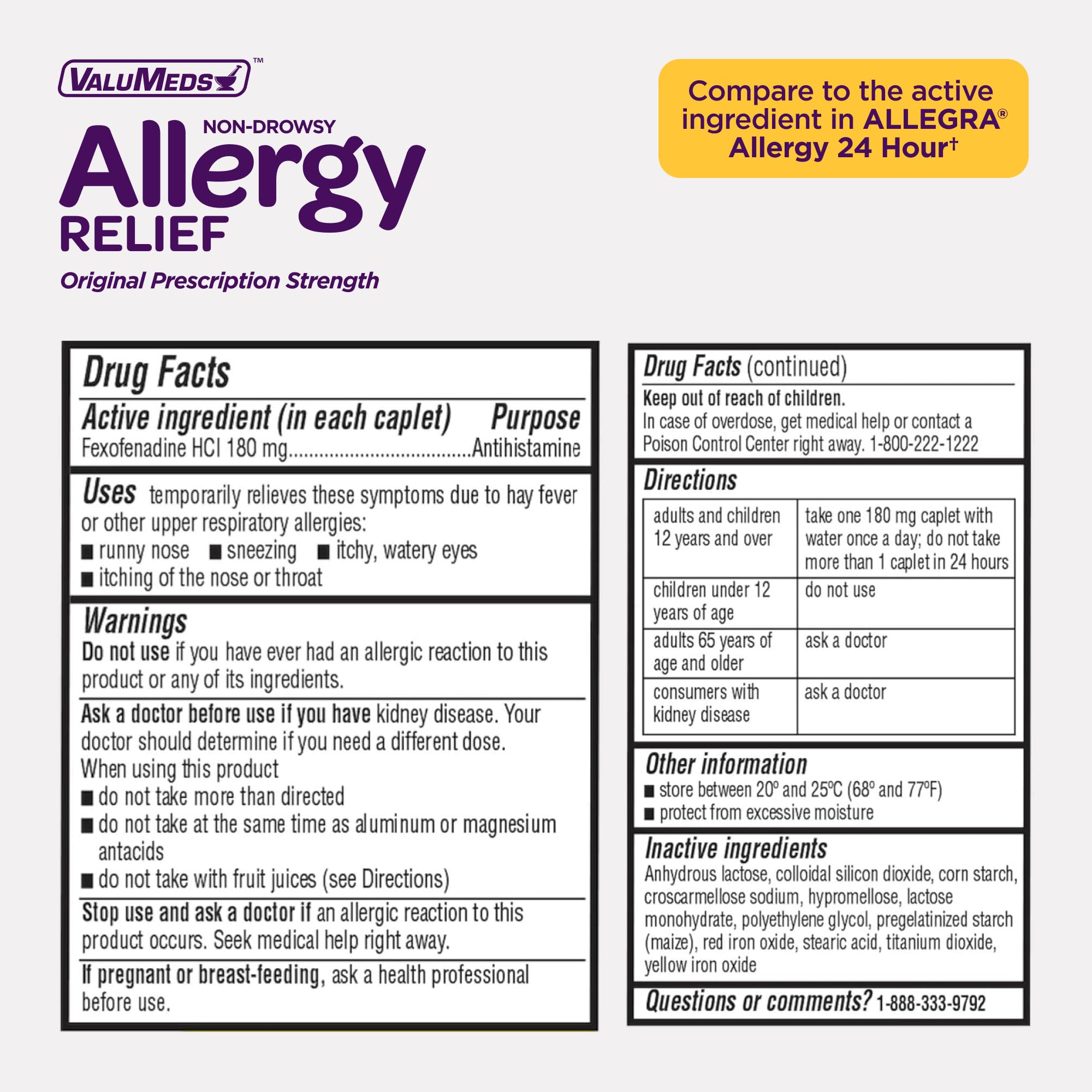 ValuMeds | Compare to Allegra | Fexofenadine HCl 180mg | 24-Hour Allergy Relief, Non-Drowsy Antihistamine Generic Medicine for Allergies, Hay Fever, Itchy Eyes | for Kids & Adults (100 Count) - Maple Wellness Supplements