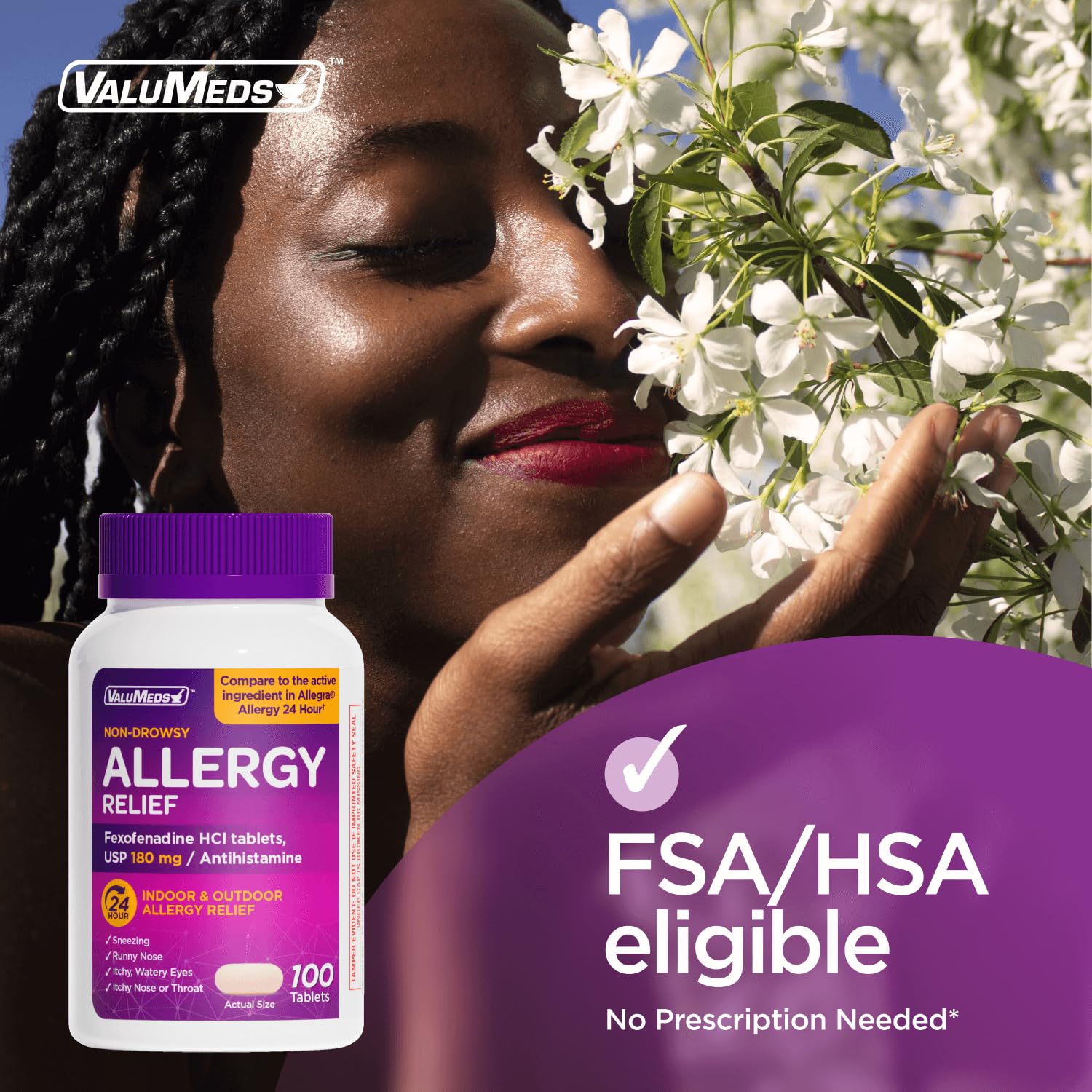 ValuMeds | Compare to Allegra | Fexofenadine HCl 180mg | 24-Hour Allergy Relief, Non-Drowsy Antihistamine Generic Medicine for Allergies, Hay Fever, Itchy Eyes | for Kids & Adults (100 Count) - Maple Wellness Supplements