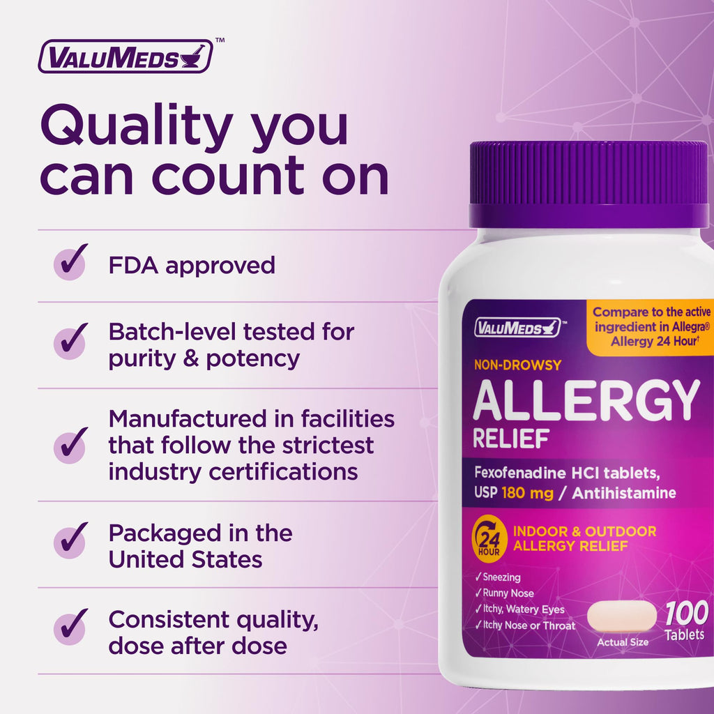 ValuMeds | Compare to Allegra | Fexofenadine HCl 180mg | 24-Hour Allergy Relief, Non-Drowsy Antihistamine Generic Medicine for Allergies, Hay Fever, Itchy Eyes | for Kids & Adults (100 Count) - Maple Wellness Supplements