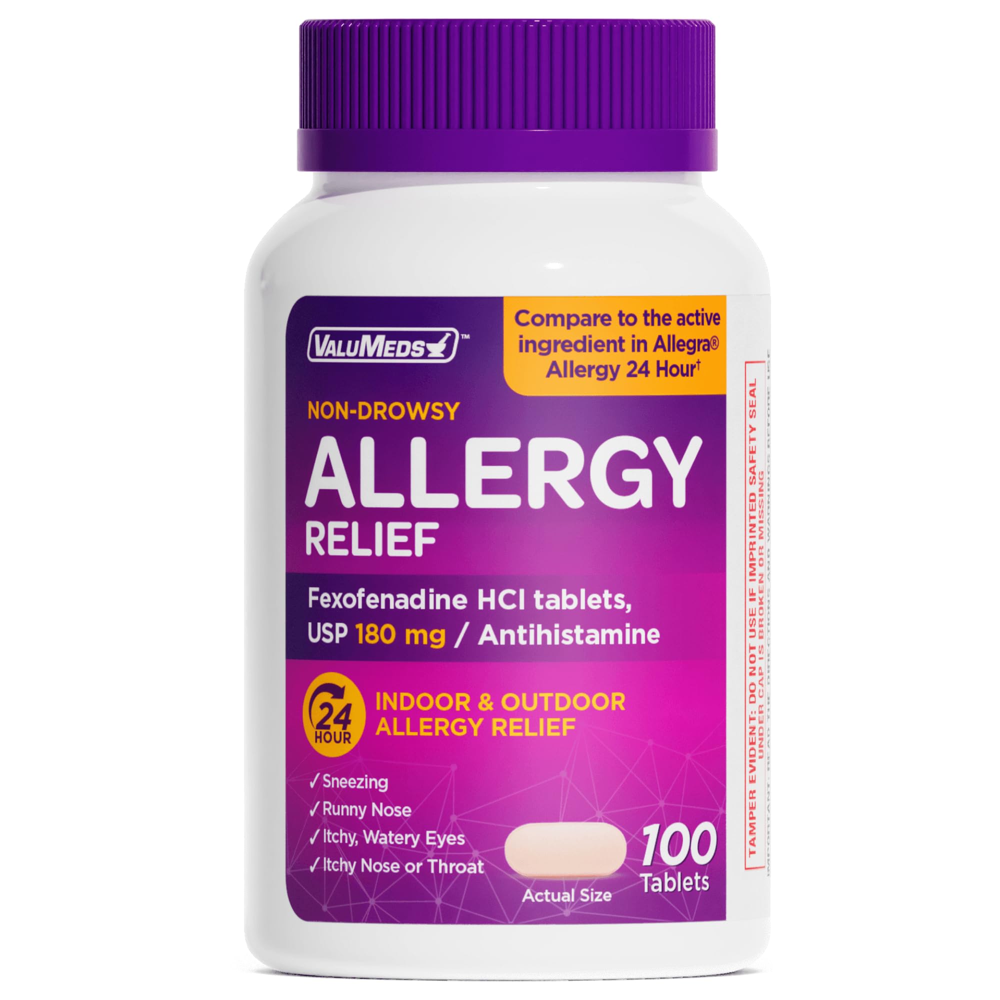 ValuMeds | Compare to Allegra | Fexofenadine HCl 180mg | 24-Hour Allergy Relief, Non-Drowsy Antihistamine Generic Medicine for Allergies, Hay Fever, Itchy Eyes | for Kids & Adults (100 Count) - Maple Wellness Supplements