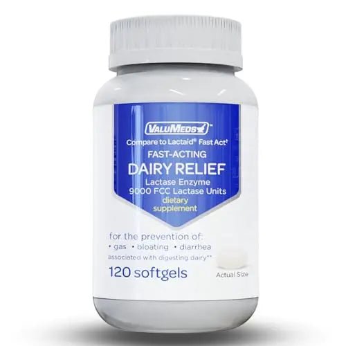ValuMeds Fast Acting Dairy Relief Lactose Enzymes, 120 Softgels, Help Prevent Gas - TrustMedUSA