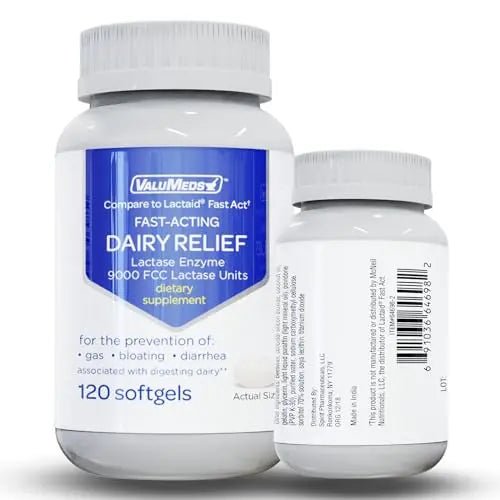 ValuMeds Fast Acting Dairy Relief Lactose Enzymes, 120 Softgels, Help Prevent Gas - TrustMedUSA