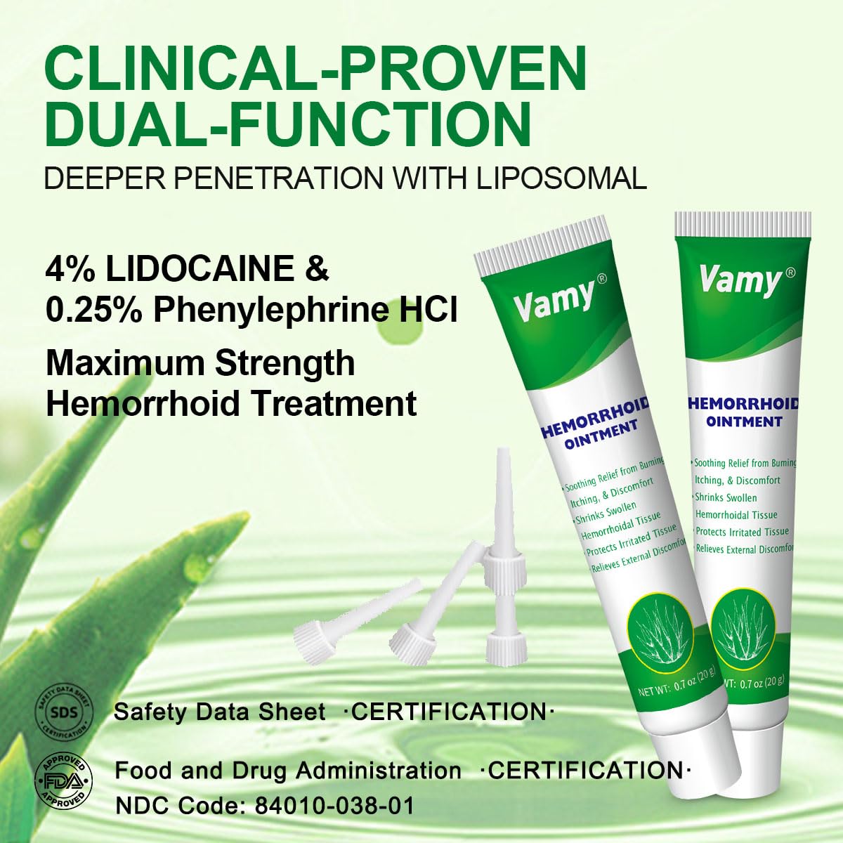 vamy Hemorrhoid Ointment (2 x 20g Tubes), 40g - Maximum Strength Formula for Hemorrhoidal Fast Relief, Soothes Itching, Burning & Discomfort - TrustMedUSA