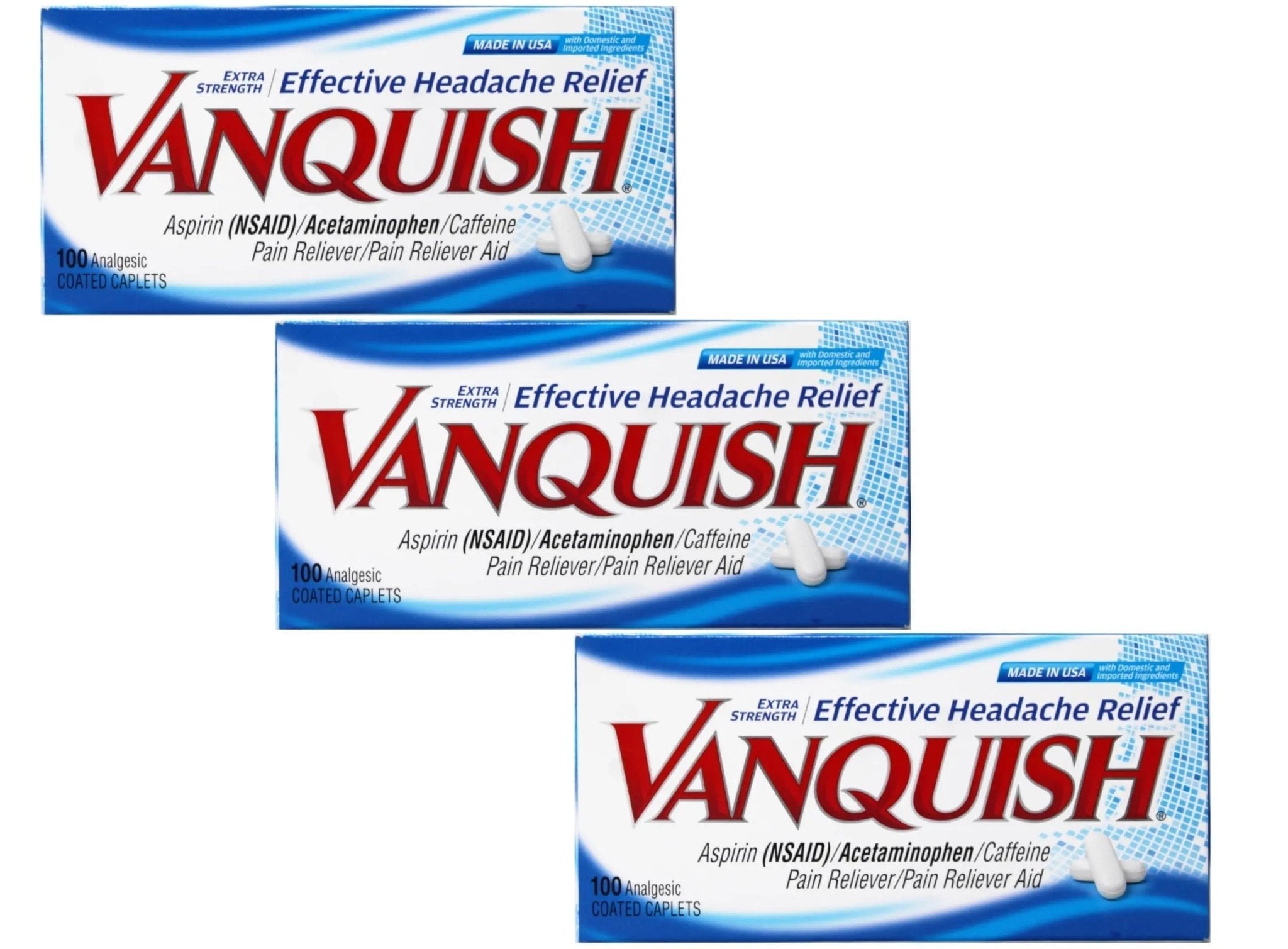 Vanquish Effective Headache Relief – Aspirin (NSAID), Acetaminophen, Caffeine, 100 Analgesic Coated Caplets - 3 Pack - TrustMedUSA
