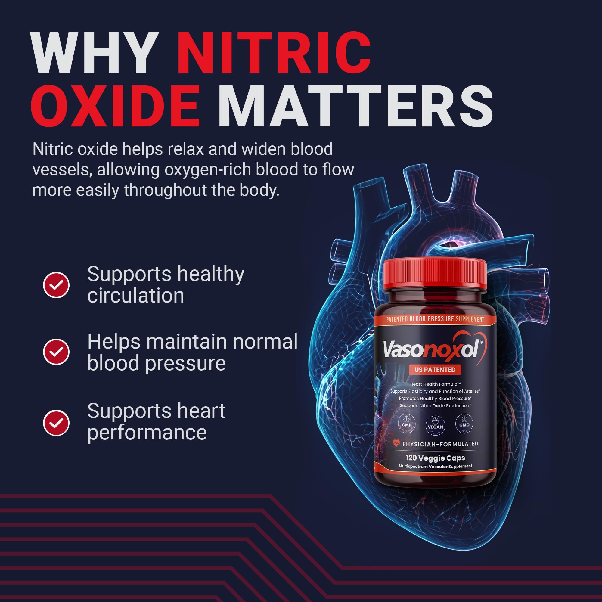 Vasonoxol U.S. Patented Nitric Oxide Supplement for Blood Pressure Support 2880mg - Physician Formulated Vascular Health Formula with L-Arginine & L-Citrulline - Vegan, Non-GMO (120 Capsules) - TrustMedUSA