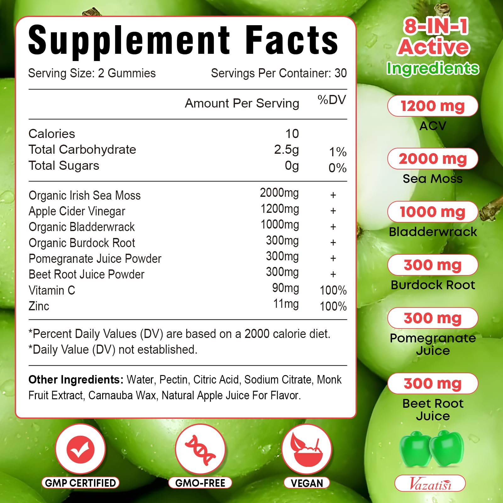 Vazatisi 2 Pack Apple Cider Vinegar Gummies, ACV with Sea Moss Gummies for Metabolism, Digestion, Detox, Gut & Immune Health, Apple Flavored -120 Count - TrustMedUSA