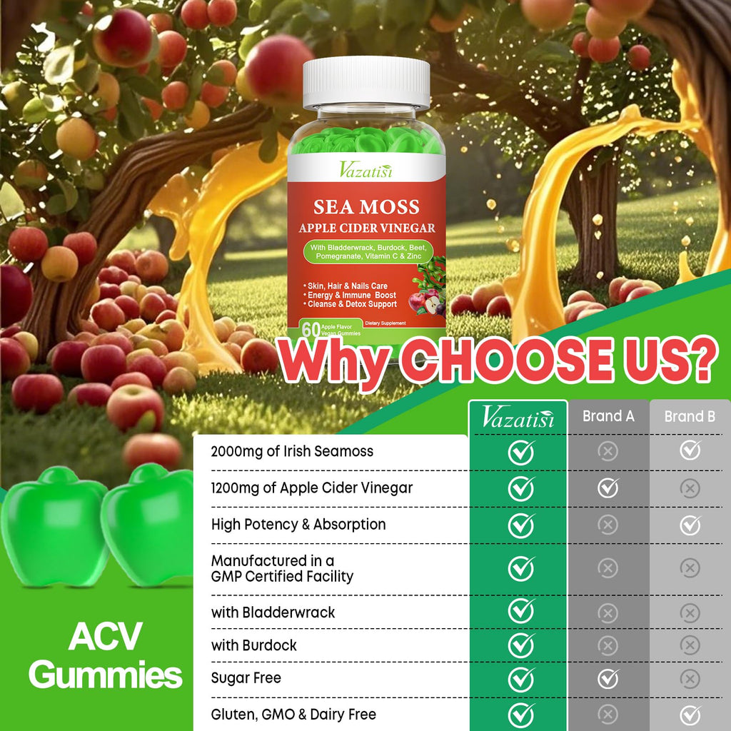 Vazatisi 2 Pack Apple Cider Vinegar Gummies, ACV with Sea Moss Gummies for Metabolism, Digestion, Detox, Gut & Immune Health, Apple Flavored -120 Count - TrustMedUSA