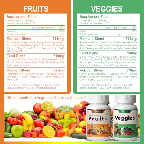 VBTOP Fruit & Vegetable Supplement - Natural Ingredients - 2 Bottles - 180 Capsules Total | A Blend of 20+19 Natural Whole Fruits & Vegetables, a Fresh superfood Formula Rich in Vitamins and Minerals - TrustMedUSA