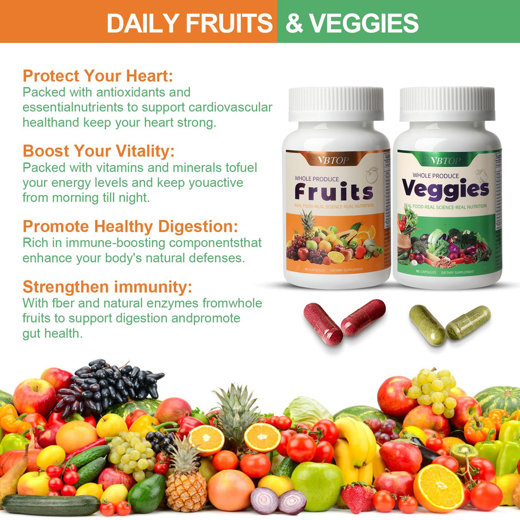 VBTOP Fruit & Vegetable Supplement - Natural Ingredients - 2 Bottles - 180 Capsules Total | A Blend of 20+19 Natural Whole Fruits & Vegetables, a Fresh superfood Formula Rich in Vitamins and Minerals - TrustMedUSA