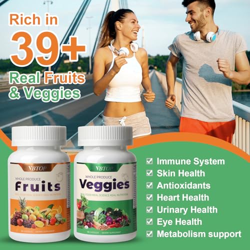 VBTOP Fruit & Vegetable Supplement - Natural Ingredients - 2 Bottles - 180 Capsules Total | A Blend of 20+19 Natural Whole Fruits & Vegetables, a Fresh superfood Formula Rich in Vitamins and Minerals - TrustMedUSA
