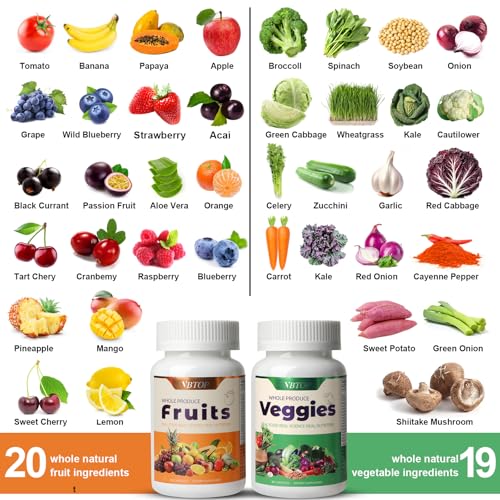 VBTOP Fruit & Vegetable Supplement - Natural Ingredients - 2 Bottles - 180 Capsules Total | A Blend of 20+19 Natural Whole Fruits & Vegetables, a Fresh superfood Formula Rich in Vitamins and Minerals - TrustMedUSA