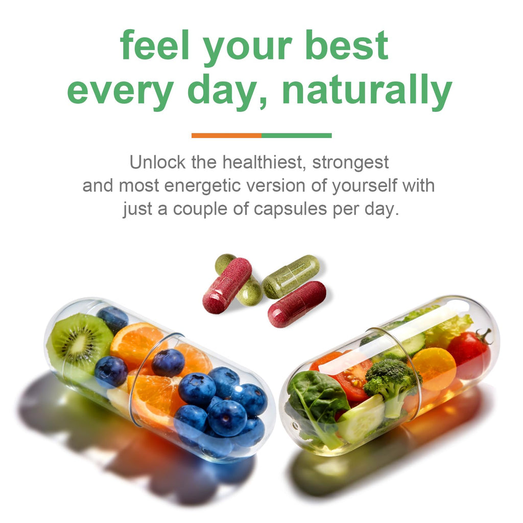 VBTOP Fruit & Vegetable Supplement - Natural Ingredients - 2 Bottles - 180 Capsules Total | A Blend of 20+19 Natural Whole Fruits & Vegetables, a Fresh superfood Formula Rich in Vitamins and Minerals - TrustMedUSA