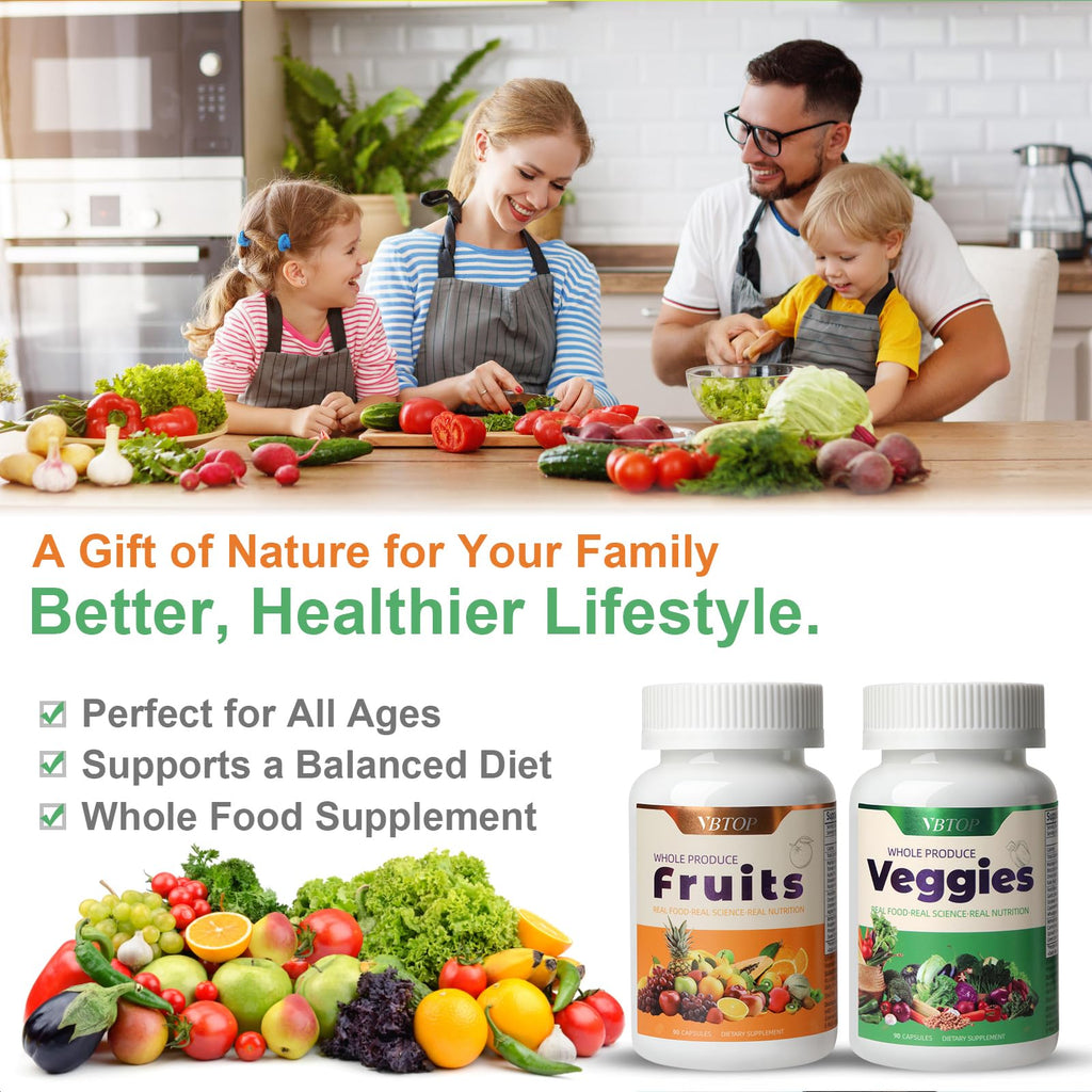 VBTOP Fruit & Vegetable Supplement - Natural Ingredients - 2 Bottles - 180 Capsules Total | A Blend of 20+19 Natural Whole Fruits & Vegetables, a Fresh superfood Formula Rich in Vitamins and Minerals - TrustMedUSA