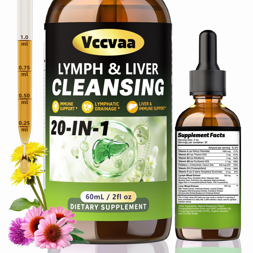 Vccvaa Lymph & Liver Cleanse - 20-in-1 Lymphatic Drainage & Liver Detox Supplement with Milk Thistle, Echinacea, Fucoxanthin - 60mL Liquid Formula for Immune & Digestive Support - Maple Wellness Supplements