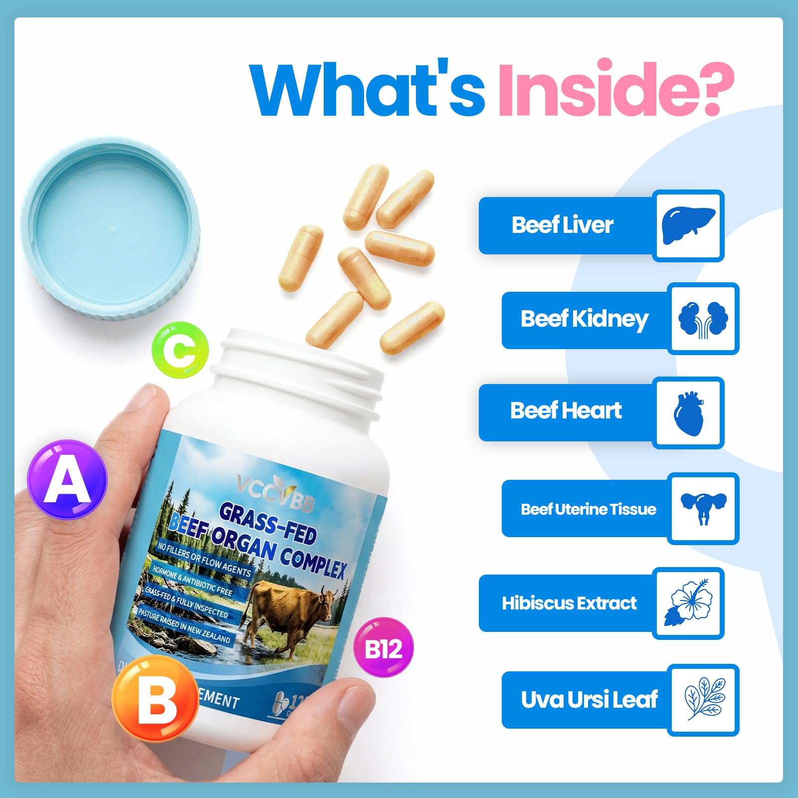 VCCVBB Beef Organ Supplements for Women, Beef Liver, Kidney, Heart, Uterus Tissue, Hormonal Balance, Immune Support,Natural Iron Vitamins Supplements for Energy, Grass Fed Pasture Raised 120 Capsules - TrustMedUSA