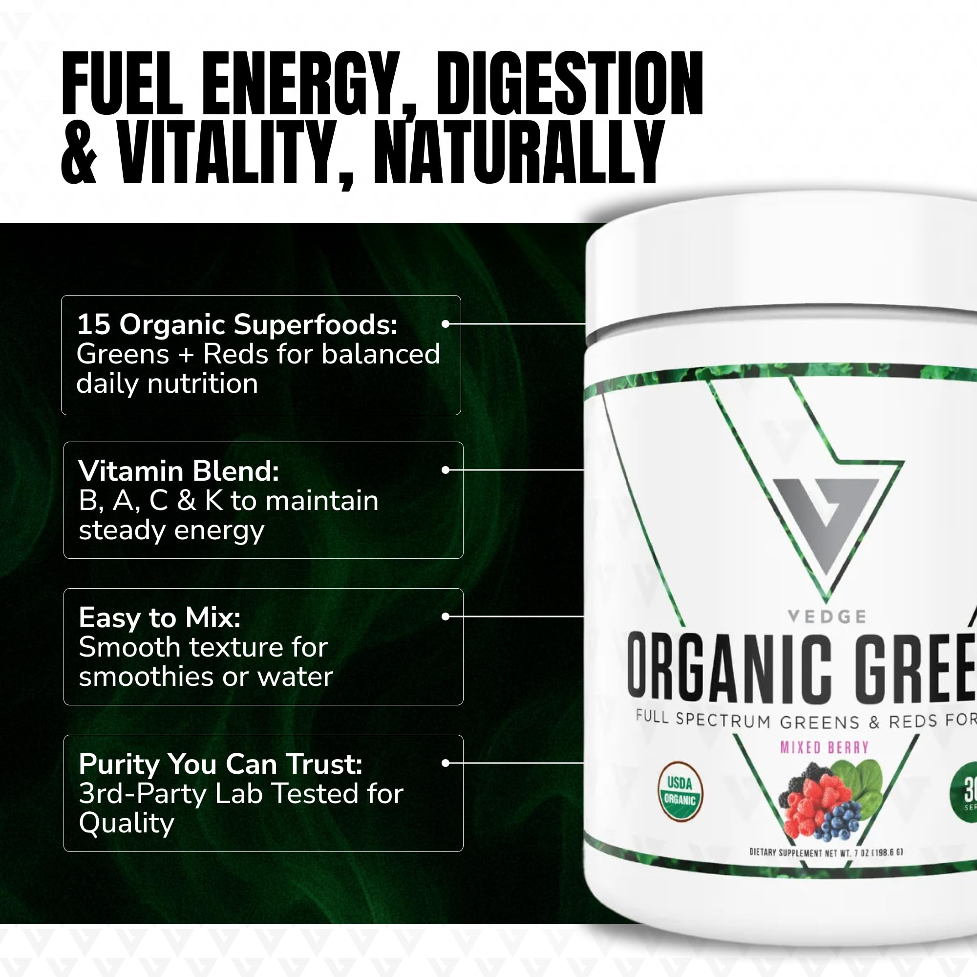 VEDGE Nutrition Organic Greens - Vegan Plant-Based Greens Superfood Powder - Drink Mix for Energy, Antioxidants & Recovery - Full Spectrum Greens for Athletes - 30 Servings - Mixed Berry Flavor - TrustMedUSA