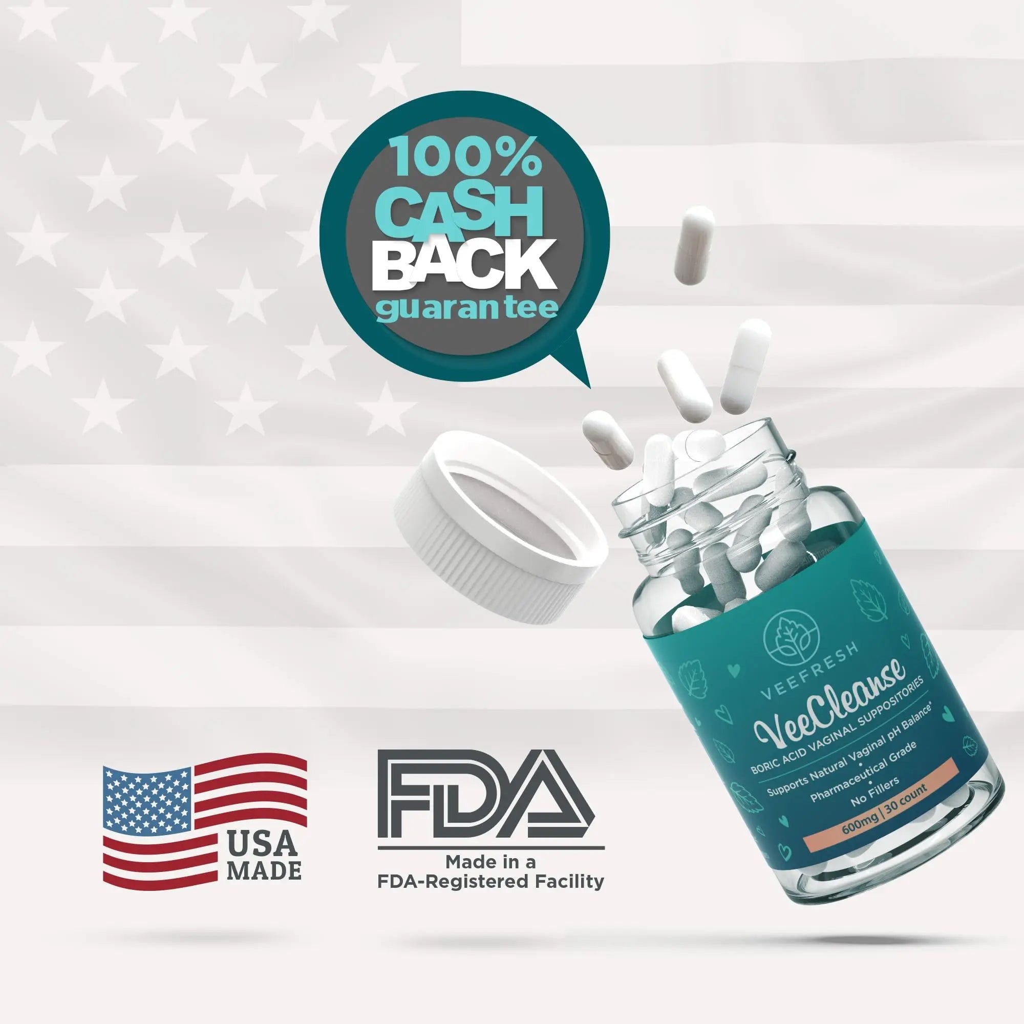 VeeFresh - VeeCleanse Boric Acid Vaginal Suppositories - Vaginal pH Balance Suppositories - Vaginal Odor Control - Feel Fresh, Feminine and Confident - TrustMedUSA