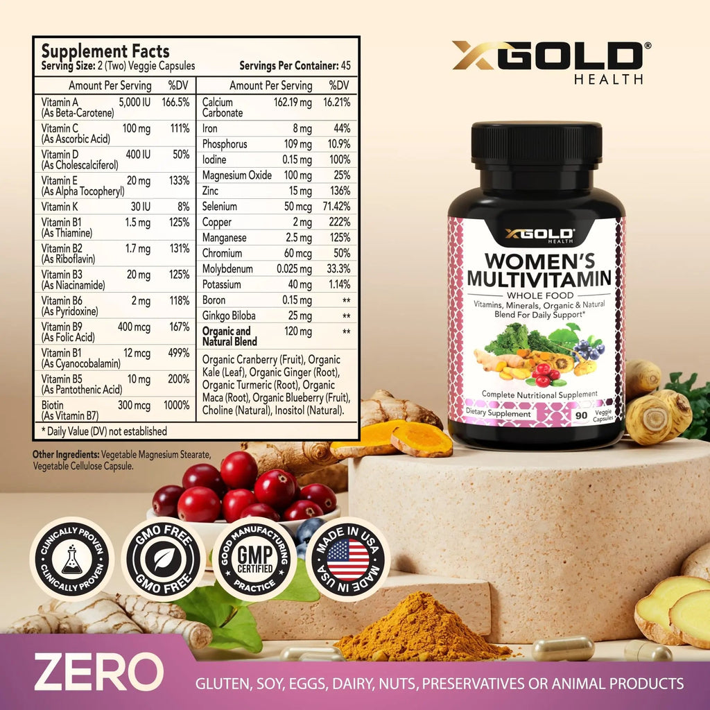 Vegan Women's Daily Multivitamin 50 Plus with Organic WholeFood Based Natural Ingredients, Ginger, Maca, Multi-Vitamin B Complex & More - TrustMedUSA