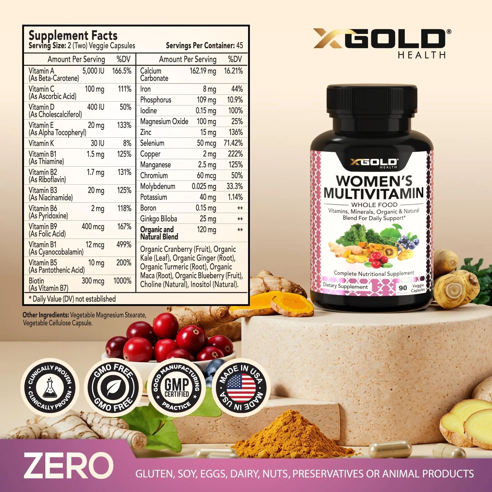 Vegan Women's Daily Multivitamin 50 Plus with Organic WholeFood Based Natural Ingredients, Ginger, Maca, Multi-Vitamin B Complex & More - TrustMedUSA