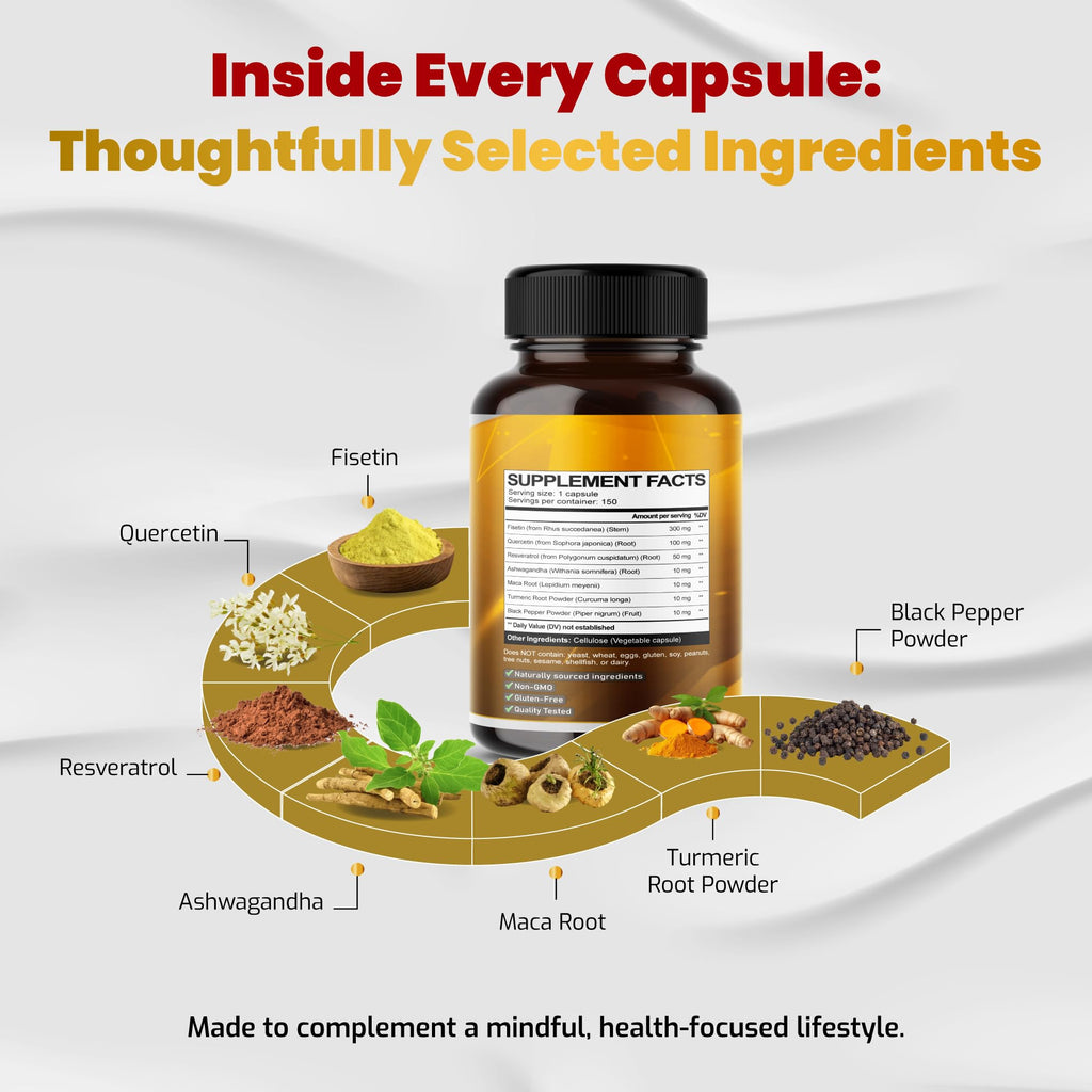 VEGATOT Organic Fisetin Complex 7-in-1 Formula | with Quercetin, Resveratrol, Ashwagandha, Maca Root, Turmeric, Black Pepper | 150 Capsules | Non-GMO, Gluten-Free - TrustMedUSA