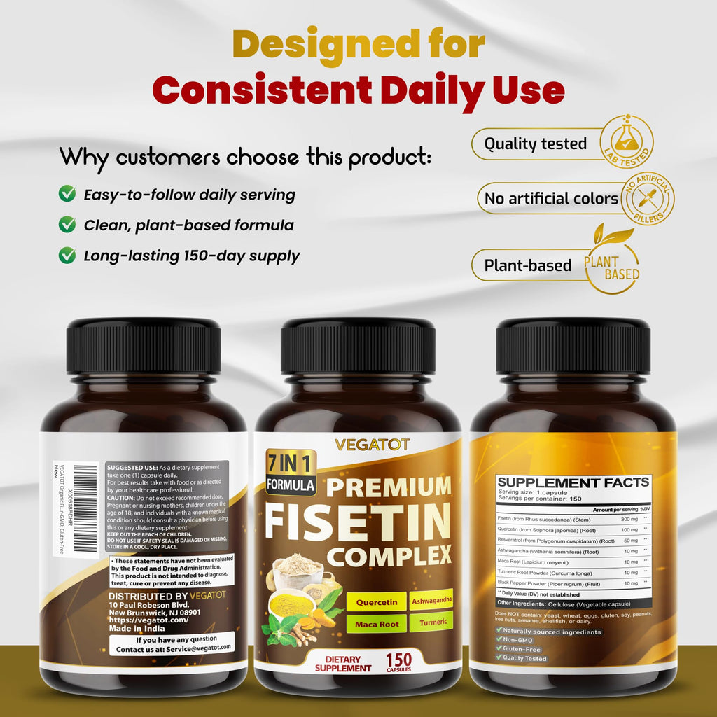 VEGATOT Organic Fisetin Complex 7-in-1 Formula | with Quercetin, Resveratrol, Ashwagandha, Maca Root, Turmeric, Black Pepper | 150 Capsules | Non-GMO, Gluten-Free - TrustMedUSA
