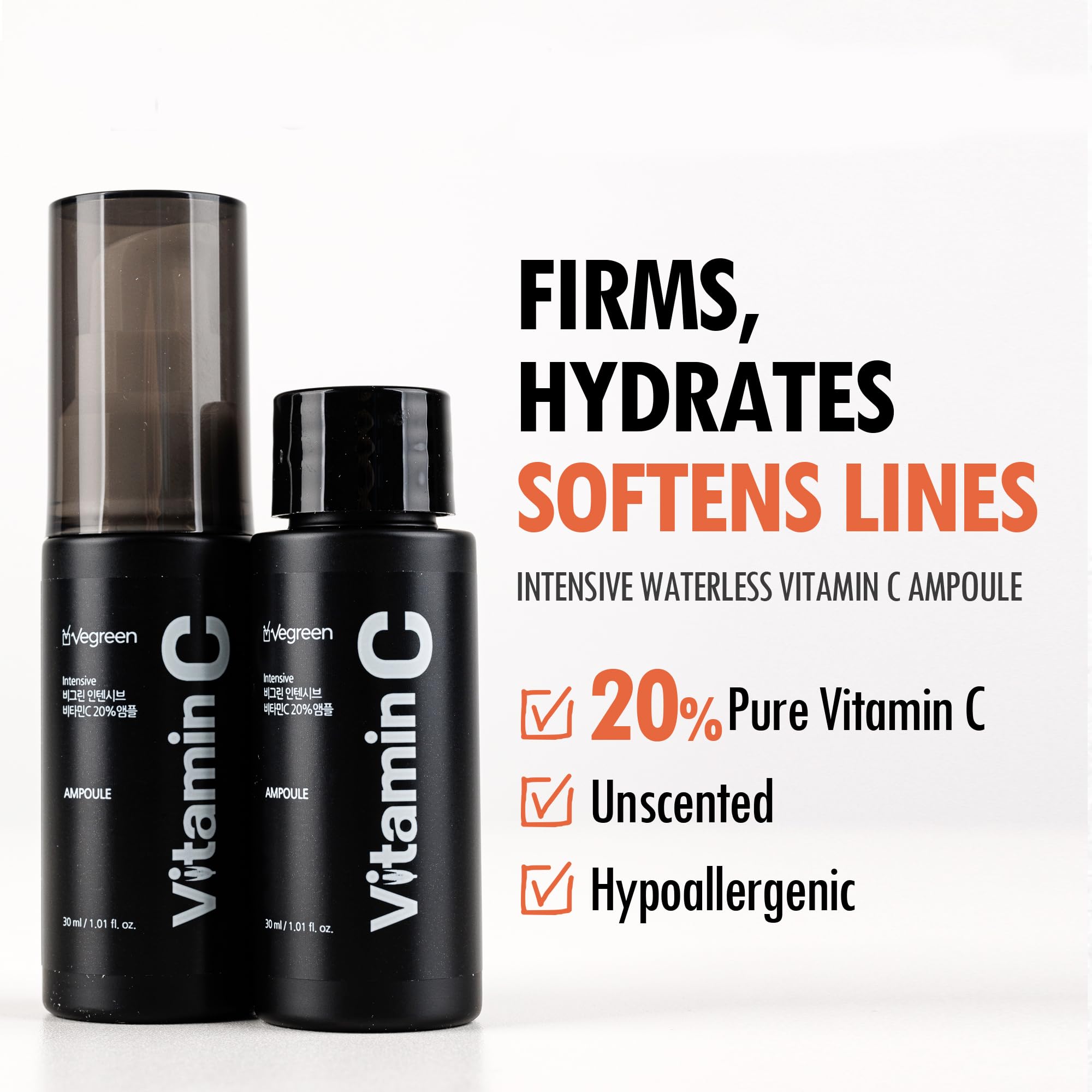 VEGREEN 20% Pure Vitamin C Ampoule for Face - Waterless Pure L-Ascorbic Acid & Chamomile for Sensitive Skin, Dark Spot Corrector, Brightening & Anti-Aging Korean Glass Skin Essence, 1.01 fl oz - Maple Wellness Supplements