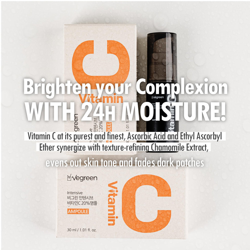 VEGREEN 20% Pure Vitamin C Ampoule for Face - Waterless Pure L-Ascorbic Acid & Chamomile for Sensitive Skin, Dark Spot Corrector, Brightening & Anti-Aging Korean Glass Skin Essence, 1.01 fl oz - Maple Wellness Supplements