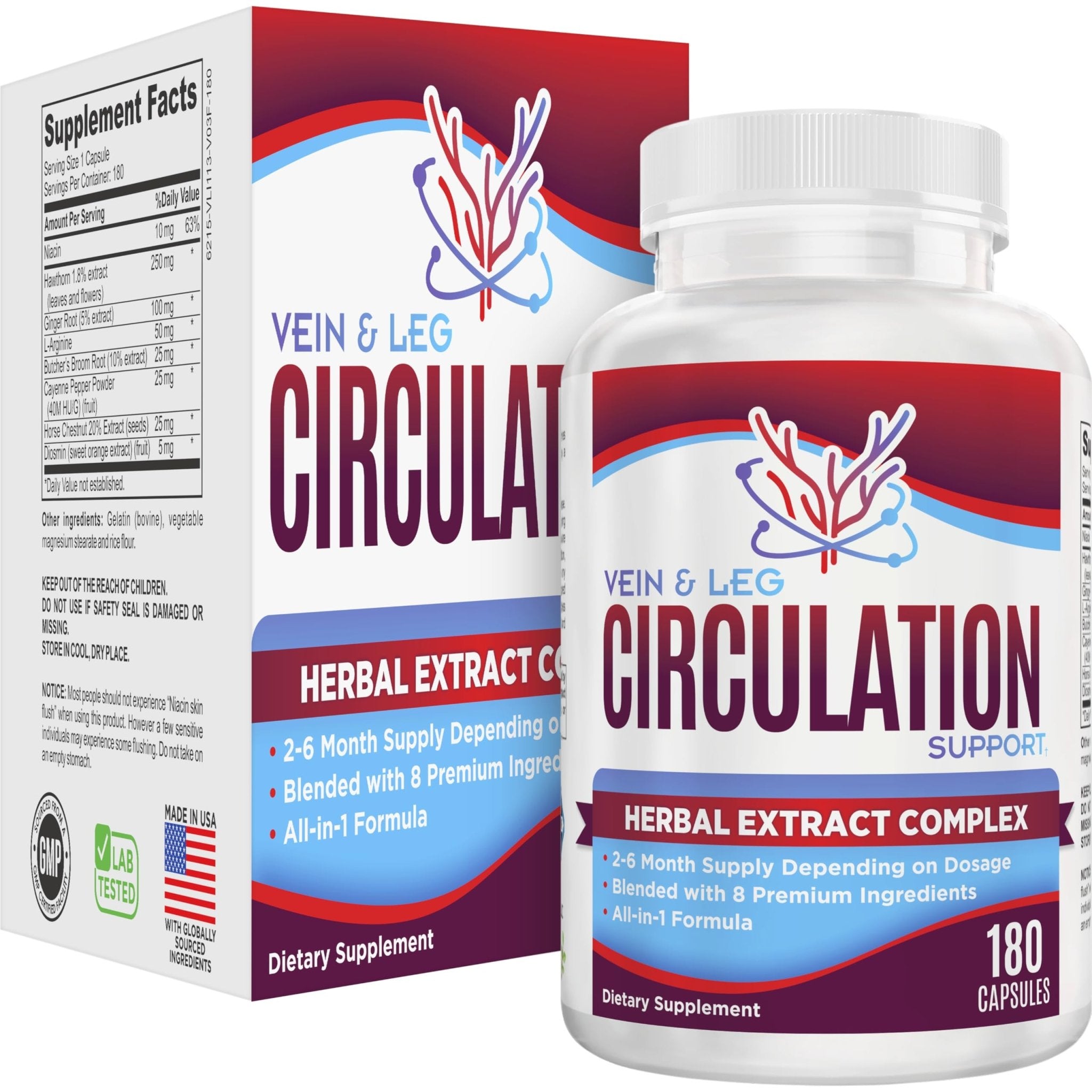 Vein & Leg Circulation (2-Month) Support Supplement with 8 Active Ingredients in 1 Formula | Leg + Vein | Blood Circulation Support Supplements | 60-Day Bulk Supply | 180 Capsules - TrustMedUSA