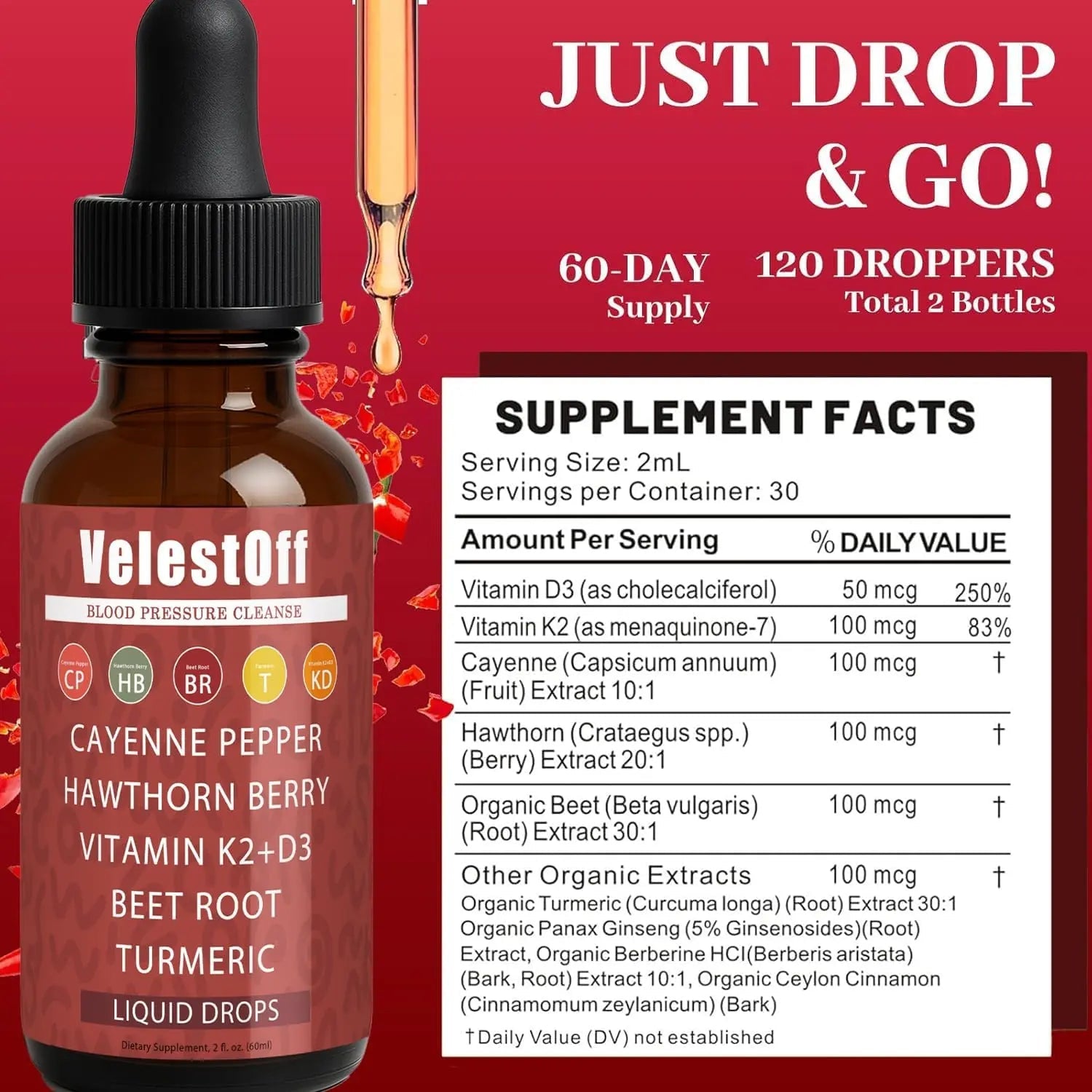 Velestoff Cayenne Pepper | Cayenne Heart & Circulation Blend – Botanical Extracts with Hawthorn, Beet Root, Turmeric, Vitamin K2 & D3 – Daily Wellness Drops (2 fl oz) (1) - TrustMedUSA