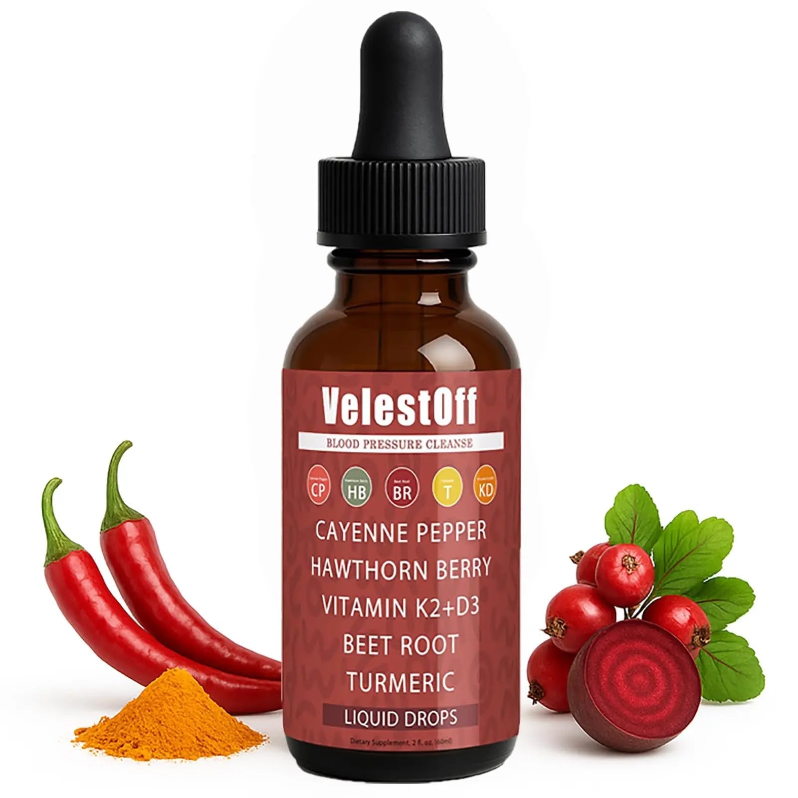 Velestoff Cayenne Pepper | Cayenne Heart & Circulation Blend – Botanical Extracts with Hawthorn, Beet Root, Turmeric, Vitamin K2 & D3 – Daily Wellness Drops (2 fl oz) (1) - TrustMedUSA