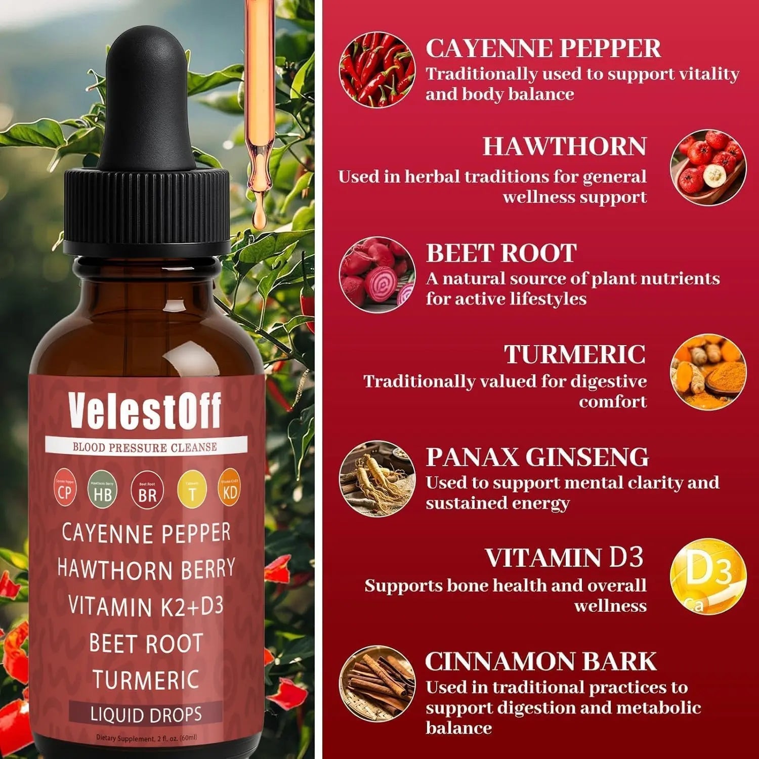 Velestoff Cayenne Pepper | Cayenne Heart & Circulation Blend – Botanical Extracts with Hawthorn, Beet Root, Turmeric, Vitamin K2 & D3 – Daily Wellness Drops (2 fl oz) (2) - TrustMedUSA