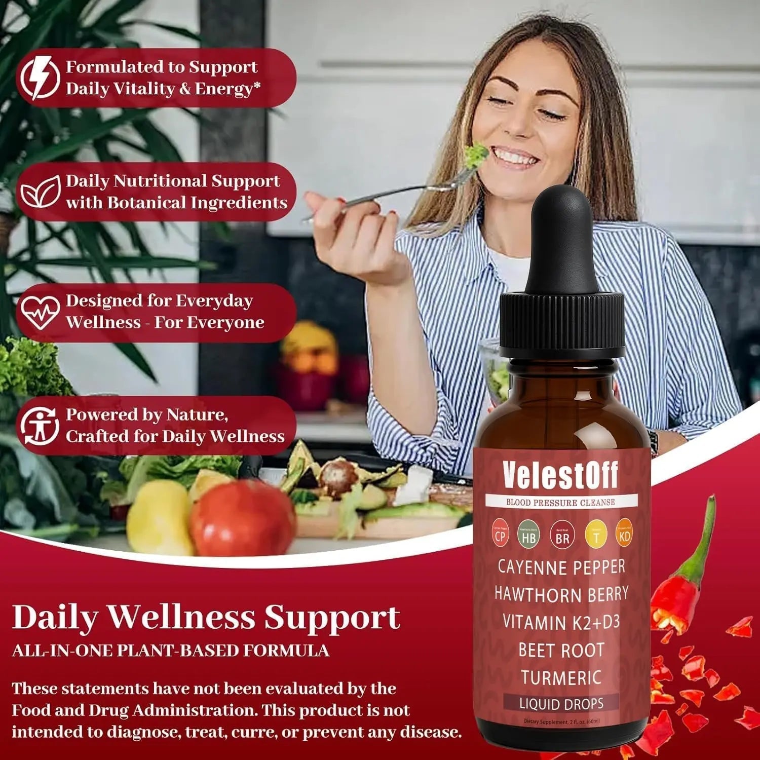 Velestoff Cayenne Pepper | Cayenne Heart & Circulation Blend – Botanical Extracts with Hawthorn, Beet Root, Turmeric, Vitamin K2 & D3 – Daily Wellness Drops (2 fl oz) (2) - TrustMedUSA