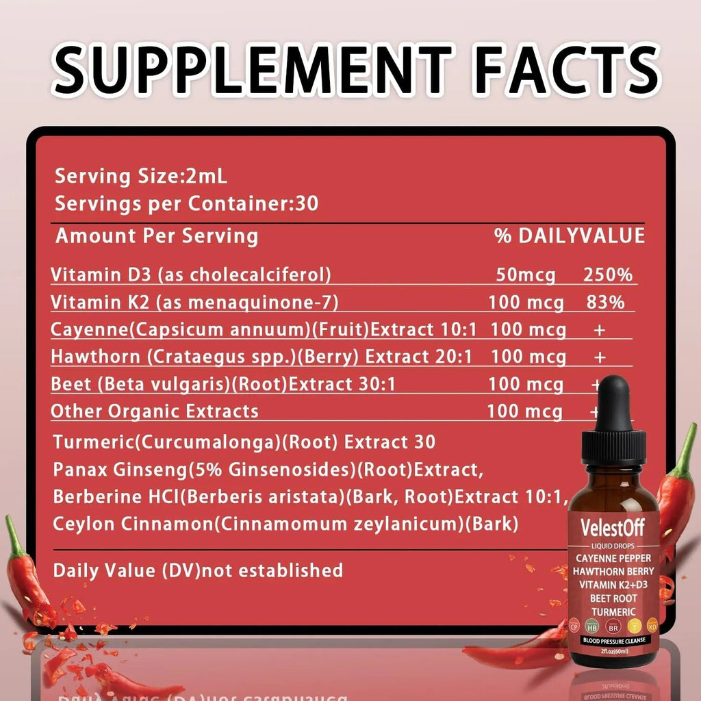 Velestoff Cayenne Pepper & Cayenne Pepper Drops Liquid Supplement with Hawthorn, Beet Root, Turmeric, Vitamin K2 D3 - TrustMedUSA