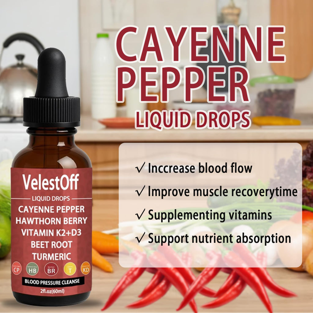 Velestoff Cayenne Pepper & Cayenne Pepper Drops Liquid Supplement with Hawthorn, Beet Root, Turmeric, Vitamin K2 D3 - TrustMedUSA