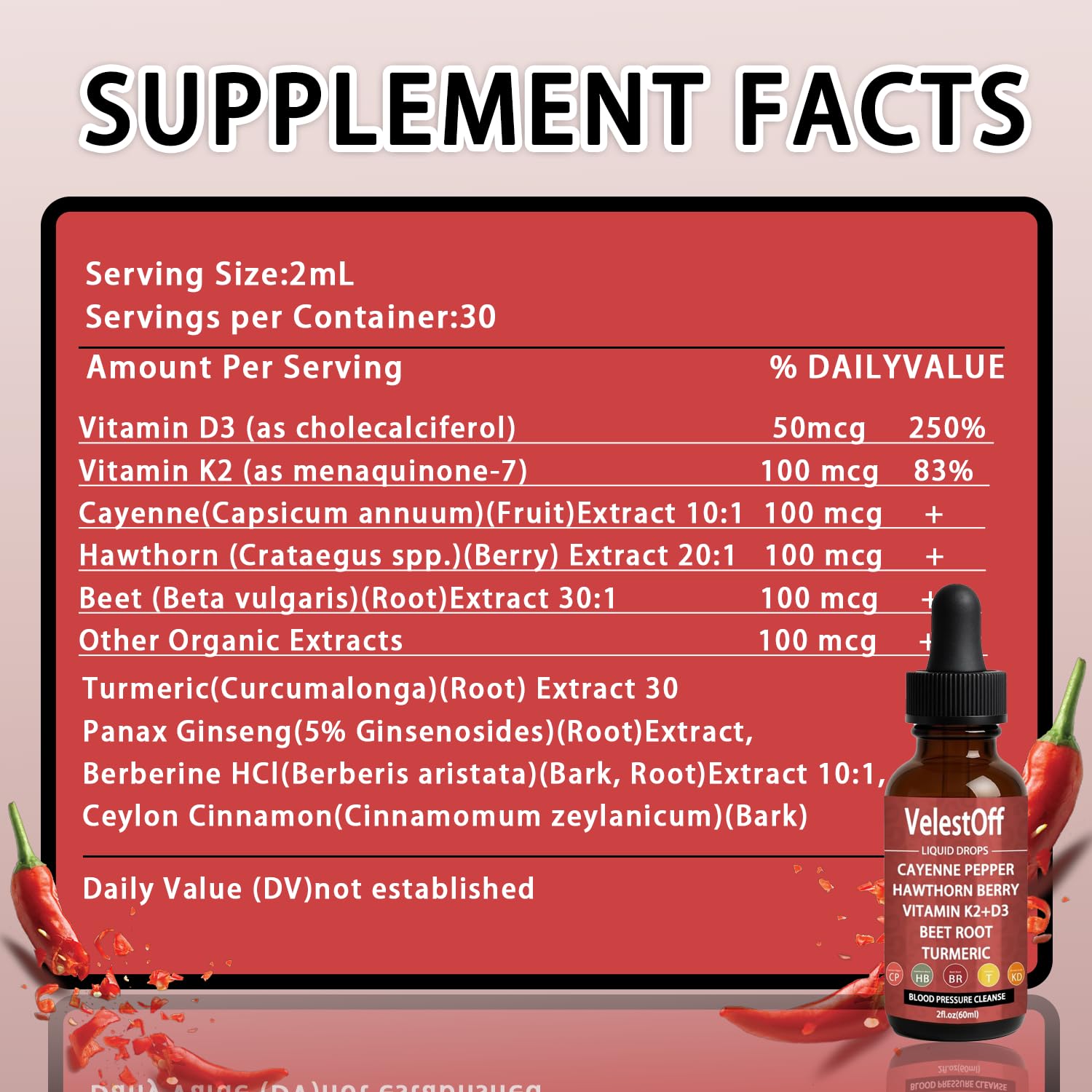 Velestoff Cayenne Pepper & Cayenne Pepper Drops Liquid Supplement with Hawthorn, Beet Root, Turmeric, Vitamin K2 D3 - TrustMedUSA