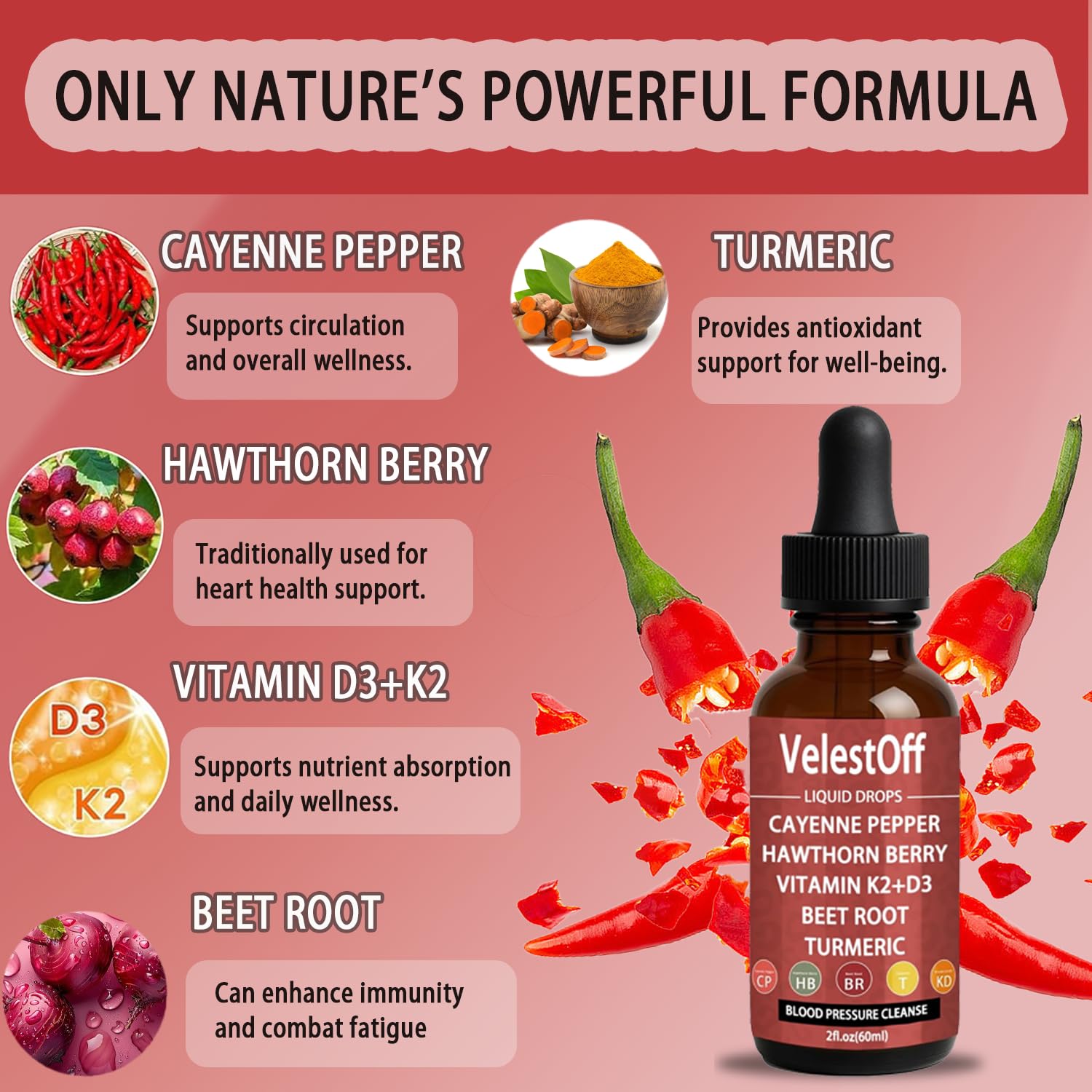 Velestoff Cayenne Pepper & Cayenne Pepper Drops Liquid Supplement with Hawthorn, Beet Root, Turmeric, Vitamin K2 D3 - TrustMedUSA