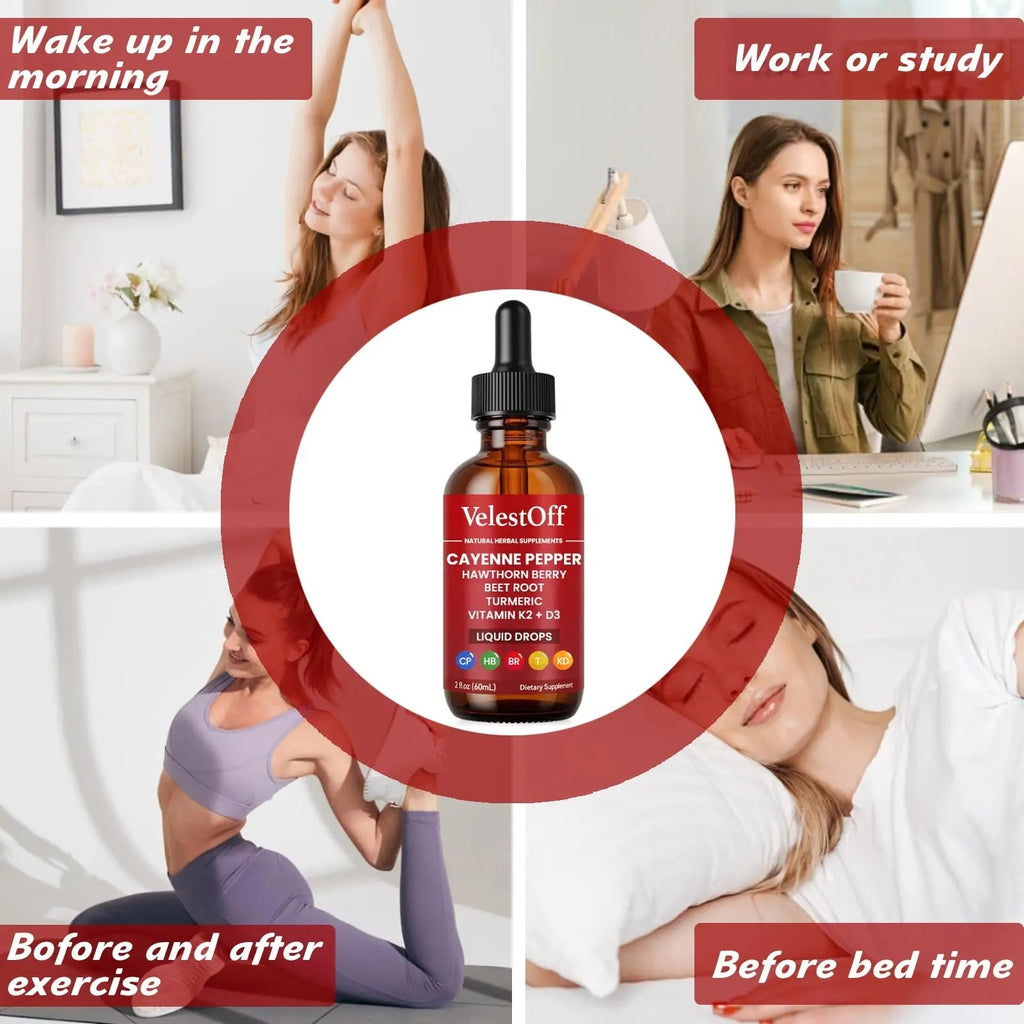 Velestoff Cayenne Pepper Drops, Cayenne Circulation Blend with Hawthorn Beet Root Turmeric Vitamin K2 D3 - Vegan, Non-GMO - 2FL.OZ (1 PCS) - TrustMedUSA