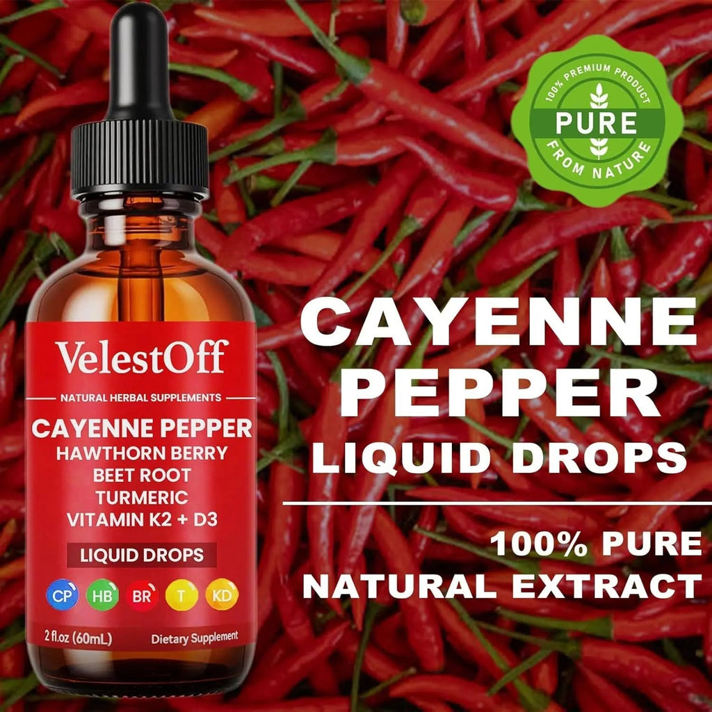VelestOff Cayenne Pepper Drops - VelestOff Cayenne Circulation Blood Pressure Blend - Cayenne Pepper Hawthorn Beet Root Turmeric Vitamin K2 D3-2 OZ (2 PCS) - TrustMedUSA