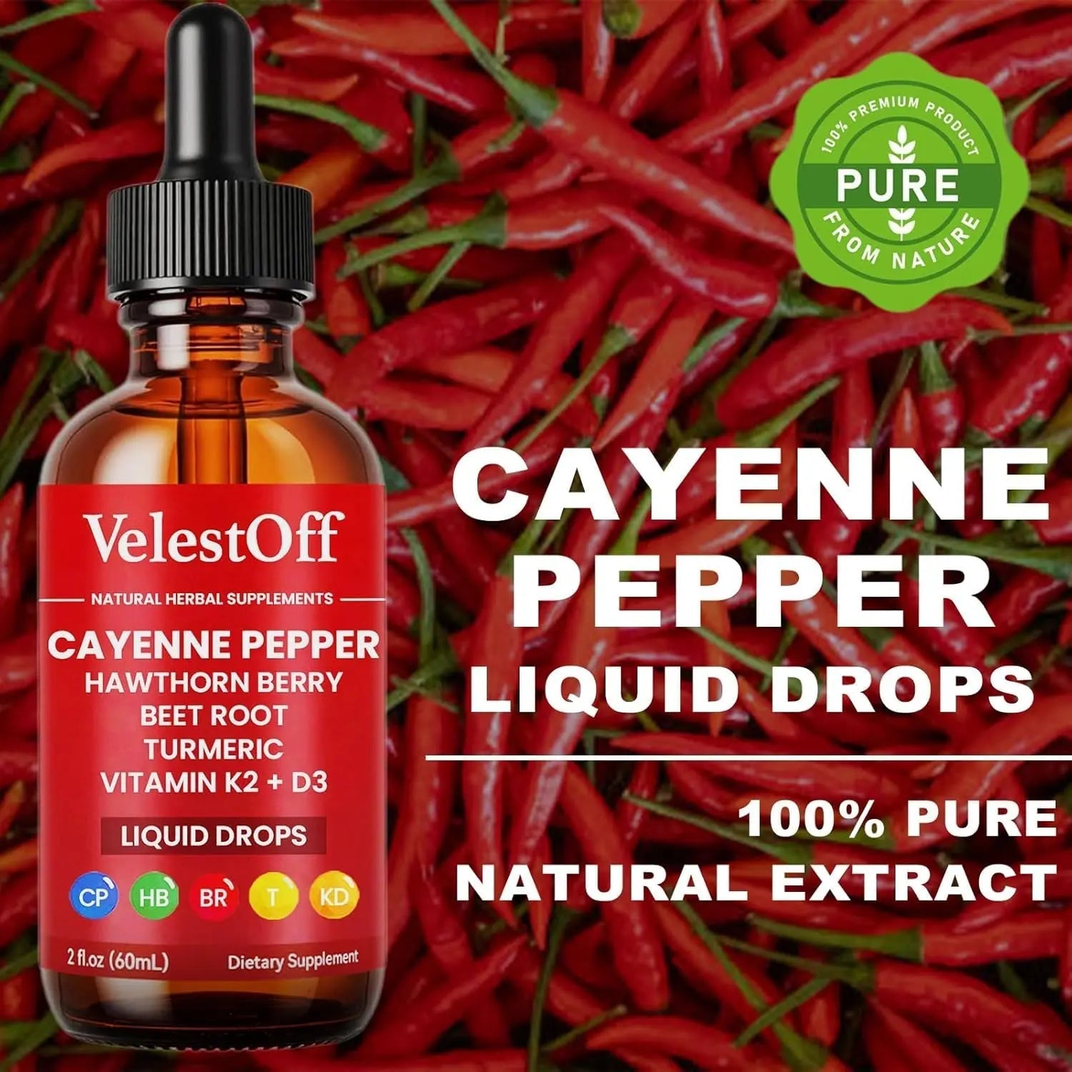 VelestOff Cayenne Pepper Drops - VelestOff Cayenne Circulation Blood Pressure Blend - Cayenne Pepper Hawthorn Beet Root Turmeric Vitamin K2 D3-2 OZ (2 PCS) - TrustMedUSA