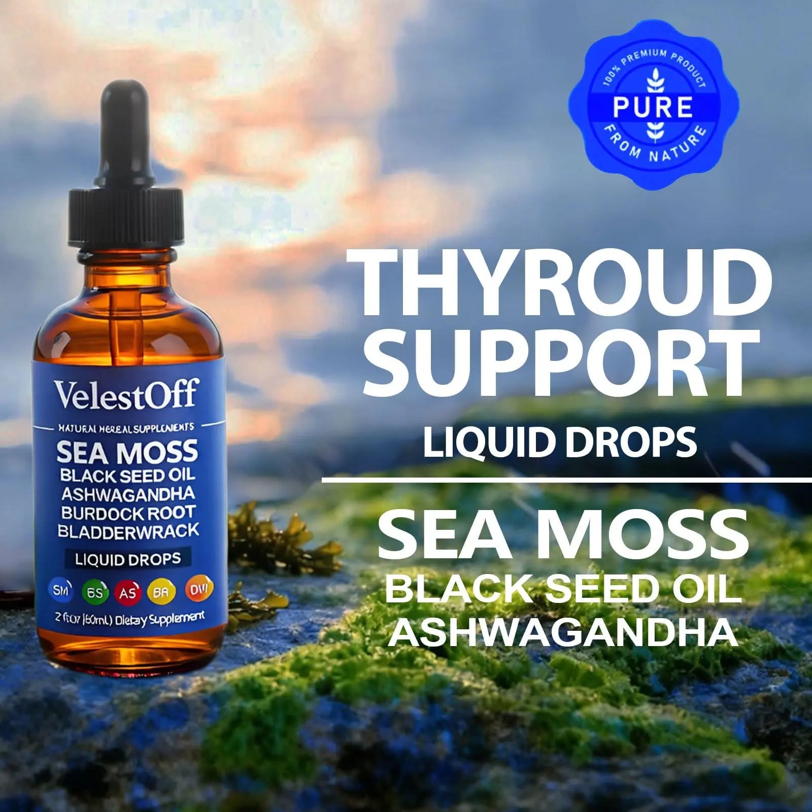 Velestoff Irish Seamoss Thyroid Hormone Regulator, Velestoff Thyroid Support Drops | Sea Moss, Black Seed Oil, Ashwagandha, Burdock Root, Bladderwrack, Hormone Balance & Support - 2 FL.OZ (1 Pcs) - TrustMedUSA
