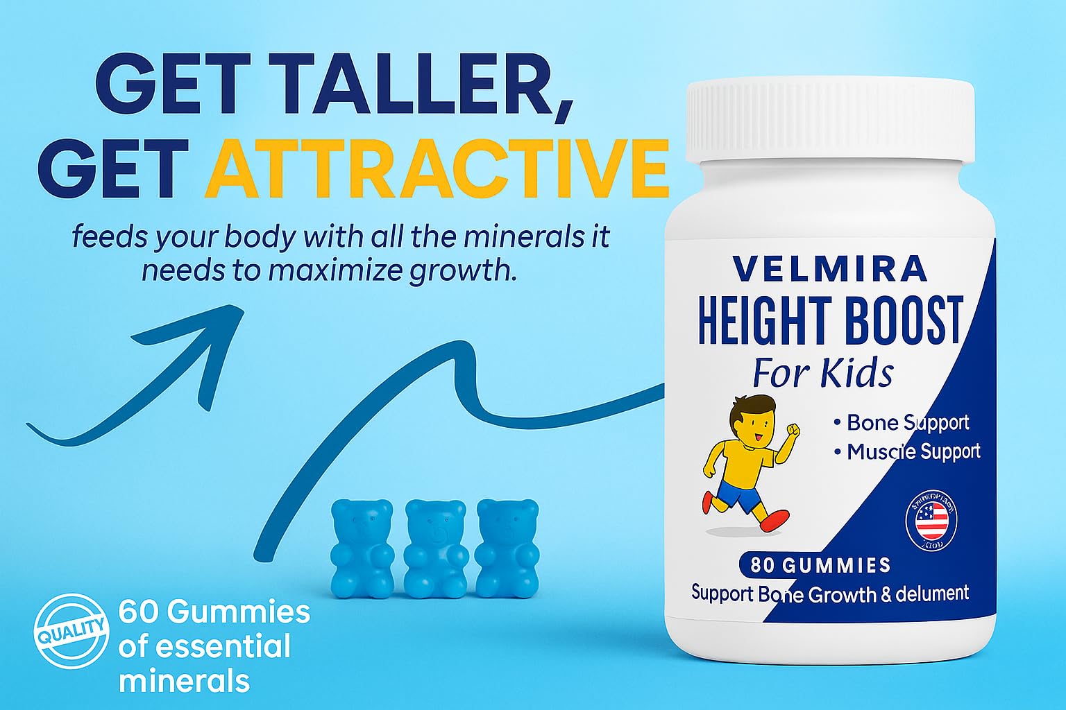 Velmira® Heightener Gummies for Bone Health & Development Support – Essential Vitamins & Minerals, Easy-to-Chew Gummies for Kids, Teens & Adults (Ages 5+) - TrustMedUSA