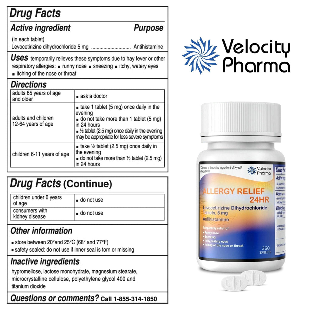 Velocity Pharma Levocetirizine Dihydrochloride 5mg USP Tablets, 24 Hour Allergy Relief Non-Drowsy Antihistamine, 360 Count - Maple Wellness Supplements