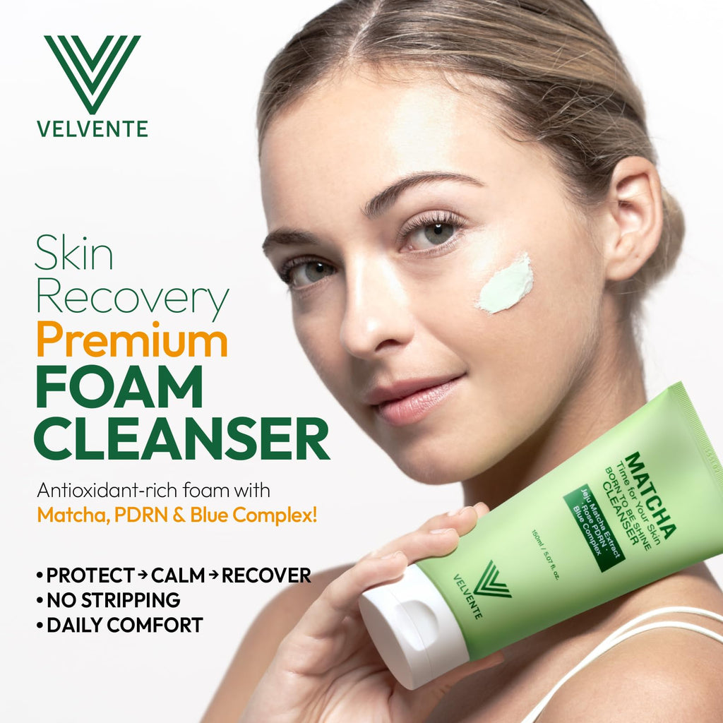 VELVENTE Matcha Gentle Deep Pore Cleansing Facial Cleanser, Low-pH Face Wash for Pore Refining, Rose PDRN Hydrating Daily Facial Wash Redness & Sensitive Skin Friendly, Korean Skincare(5.07 fl.oz.) - Maple Wellness Supplements