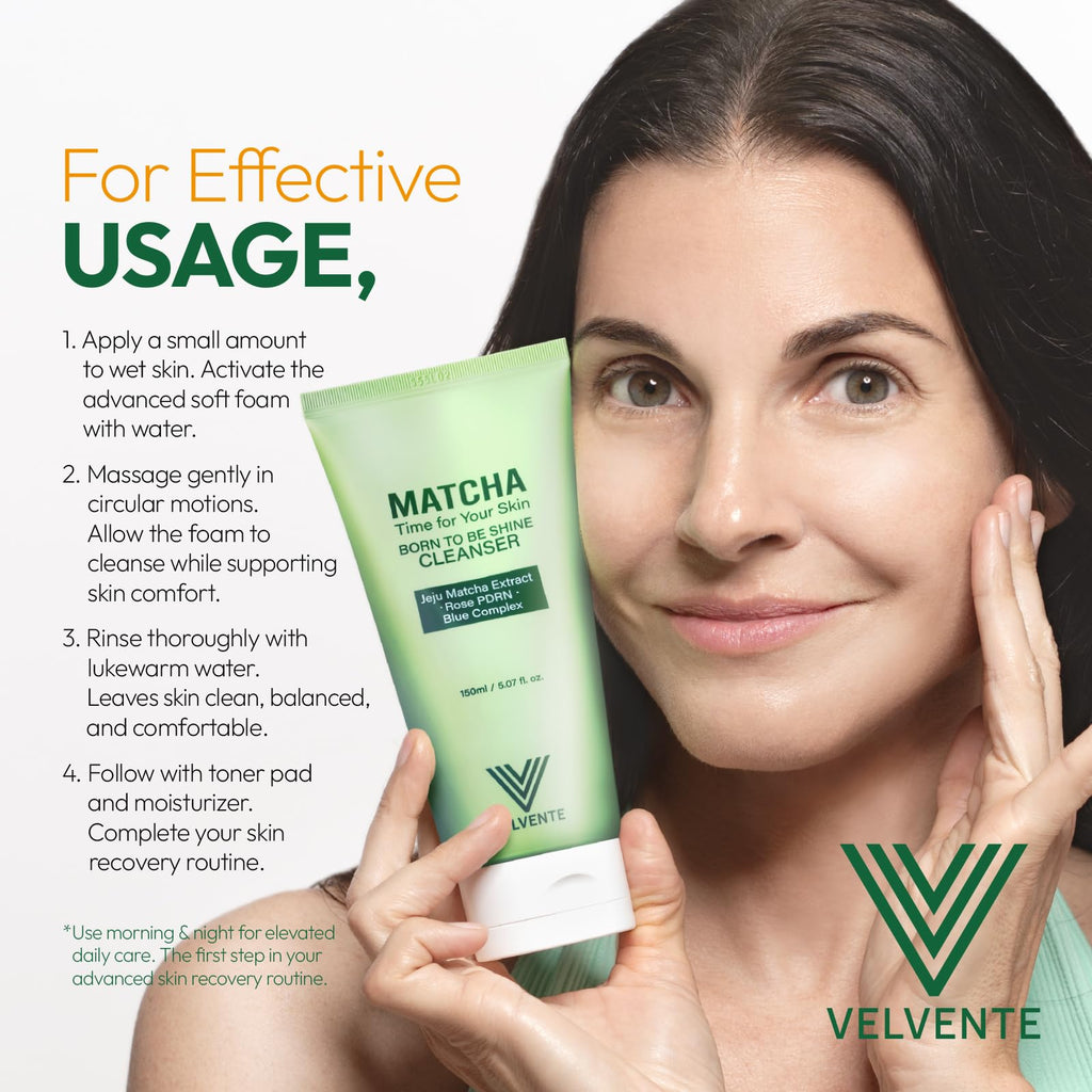 VELVENTE Matcha Gentle Deep Pore Cleansing Facial Cleanser, Low-pH Face Wash for Pore Refining, Rose PDRN Hydrating Daily Facial Wash Redness & Sensitive Skin Friendly, Korean Skincare(5.07 fl.oz.) - Maple Wellness Supplements